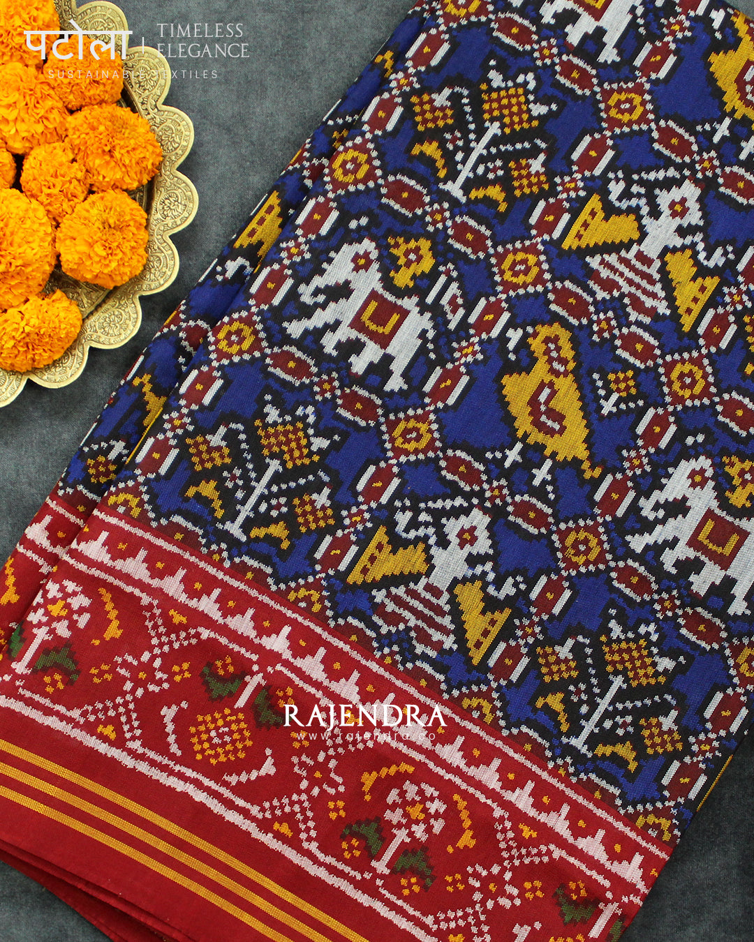 Exclusive Hathi Popat Red and Blue Semi Double Ikat Rajkot Patola Saree