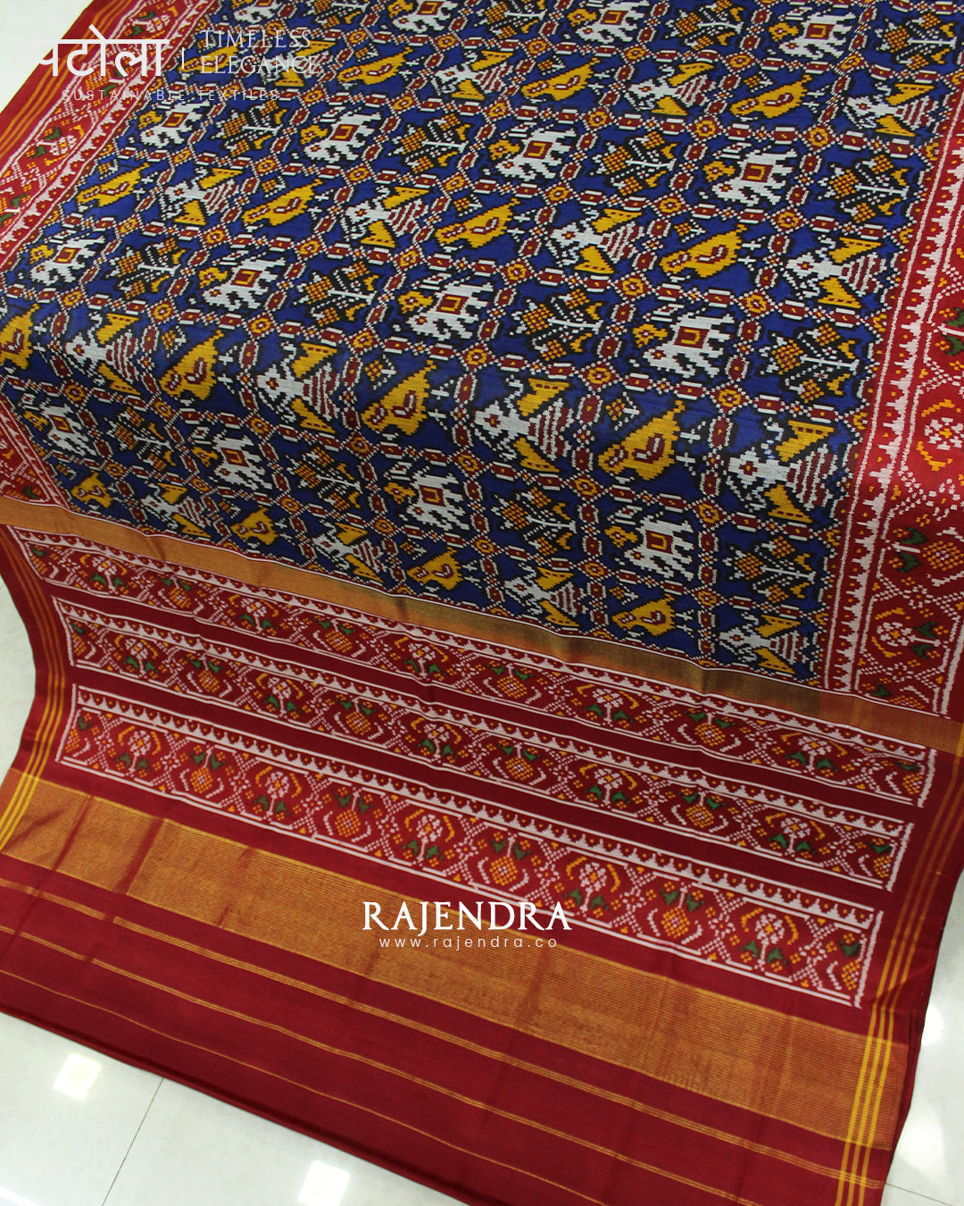Exclusive Hathi Popat Red and Blue Semi Double Ikat Rajkot Patola Saree