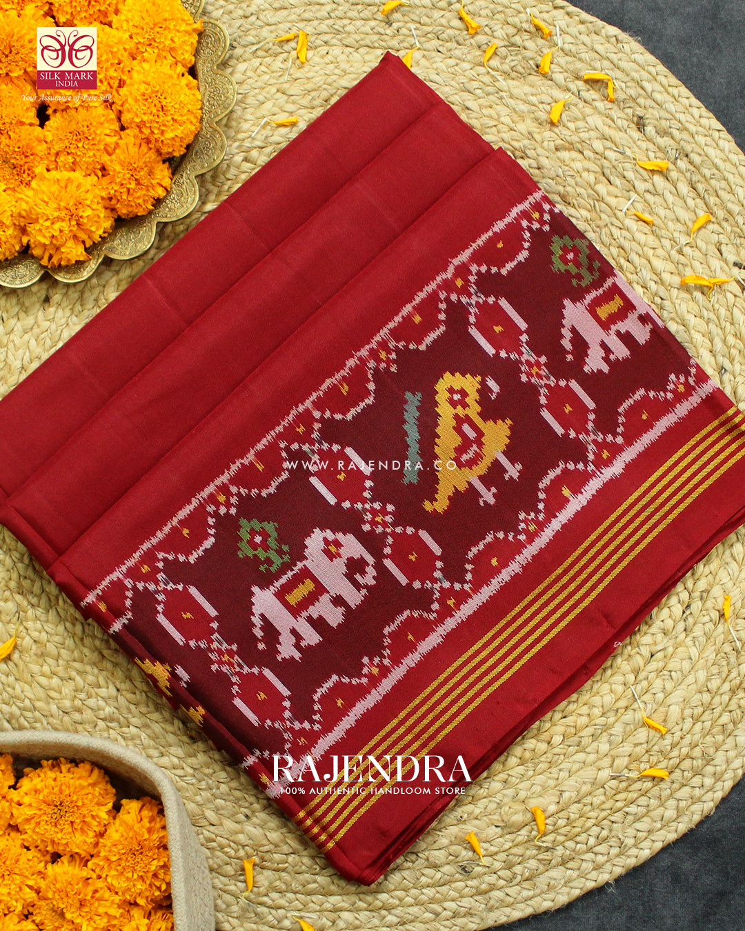Exclusive Hathi Popat Gala Border Red Ikat Rajkot Patola Saree
