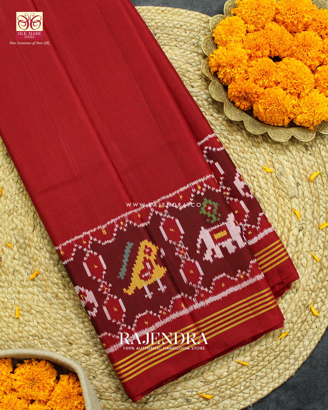 Exclusive Hathi Popat Gala Border Red Ikat Rajkot Patola Saree