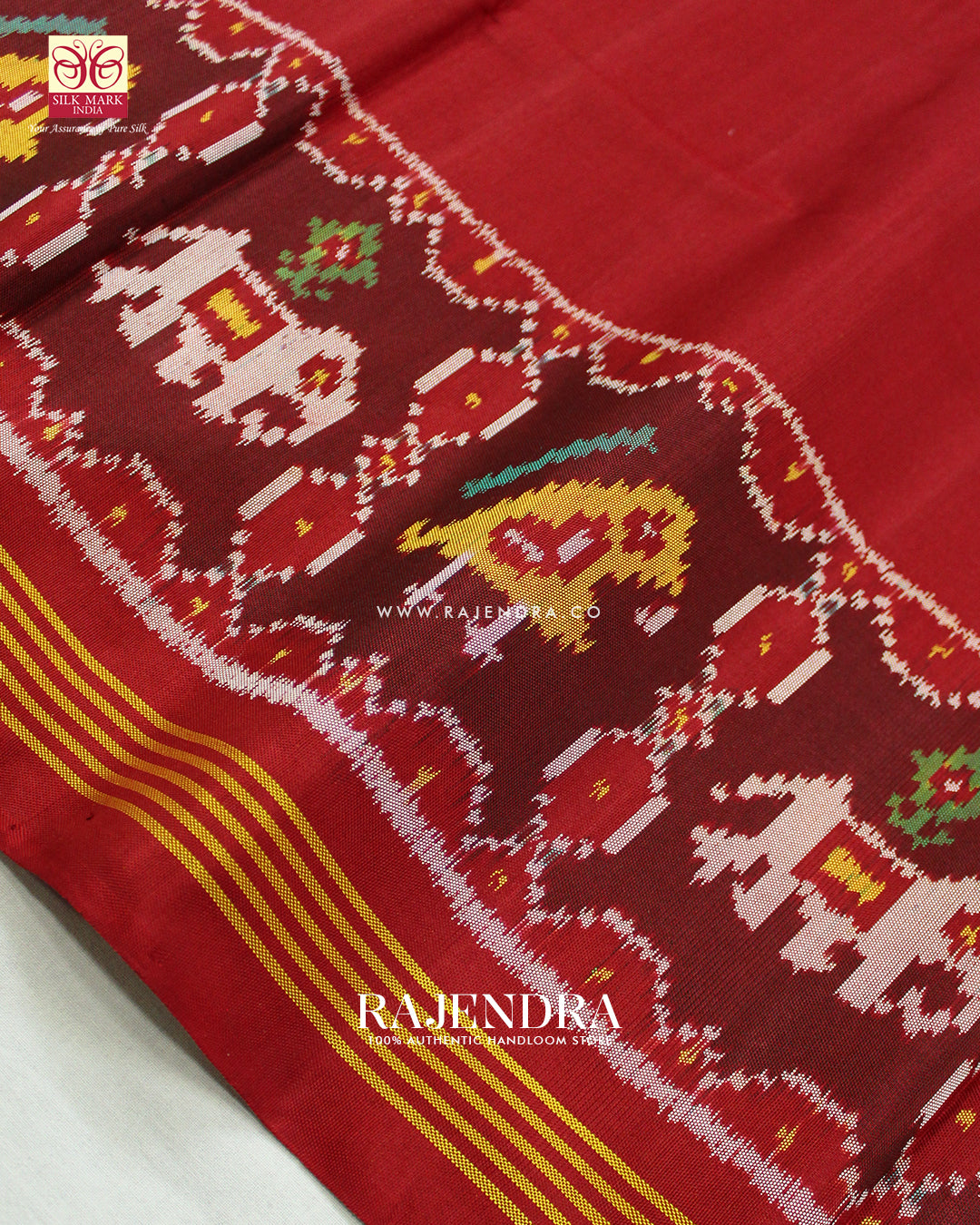 Exclusive Hathi Popat Gala Border Red Ikat Rajkot Patola Saree