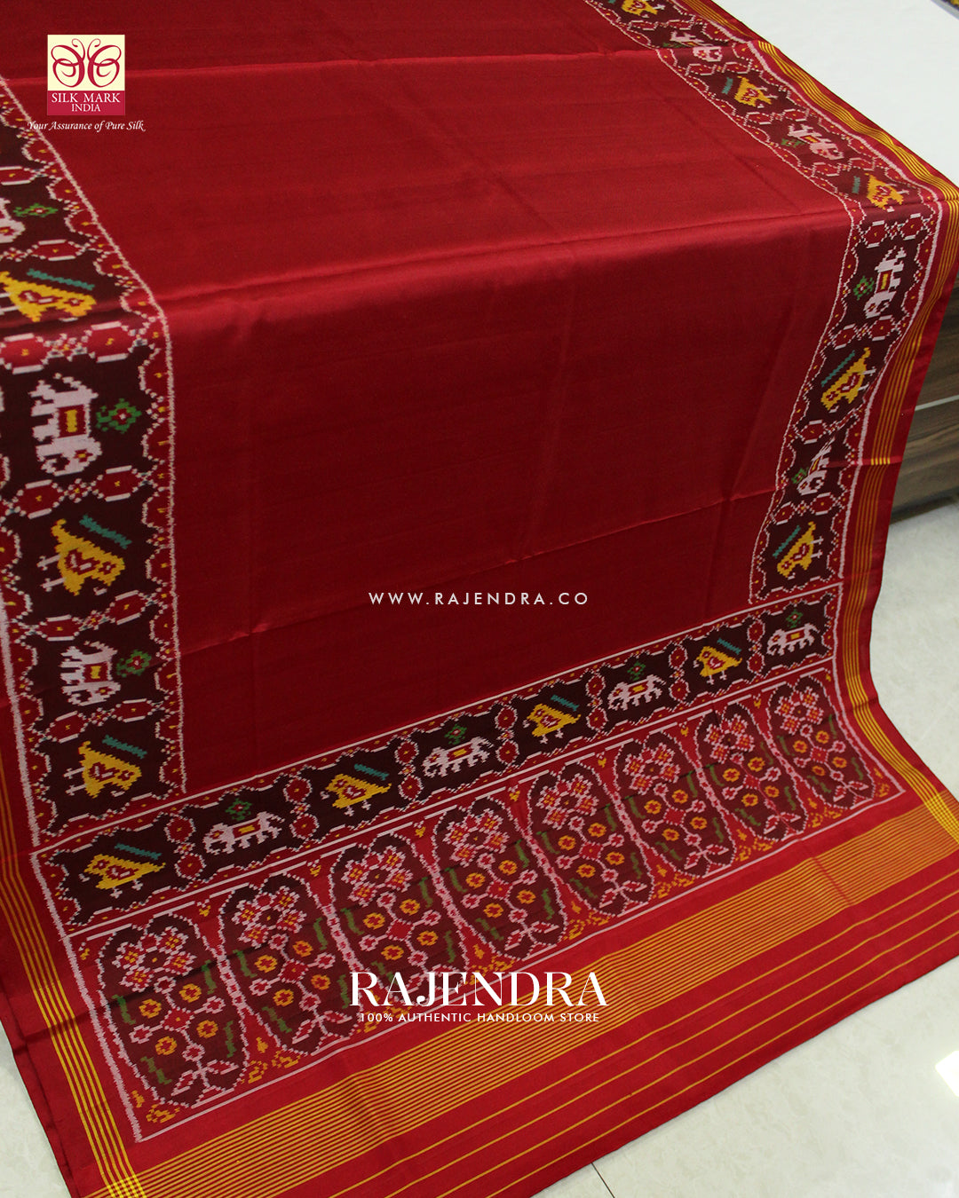Exclusive Hathi Popat Gala Border Red Ikat Rajkot Patola Saree