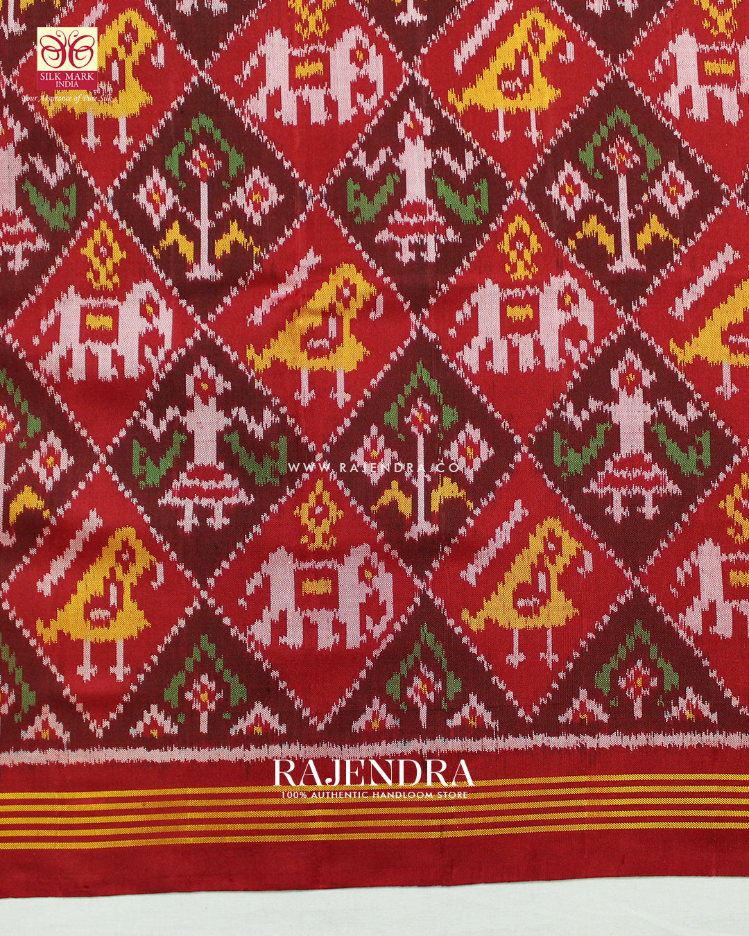 Exclusive Hathi Popat Gala Border Red Ikat Rajkot Patola Saree
