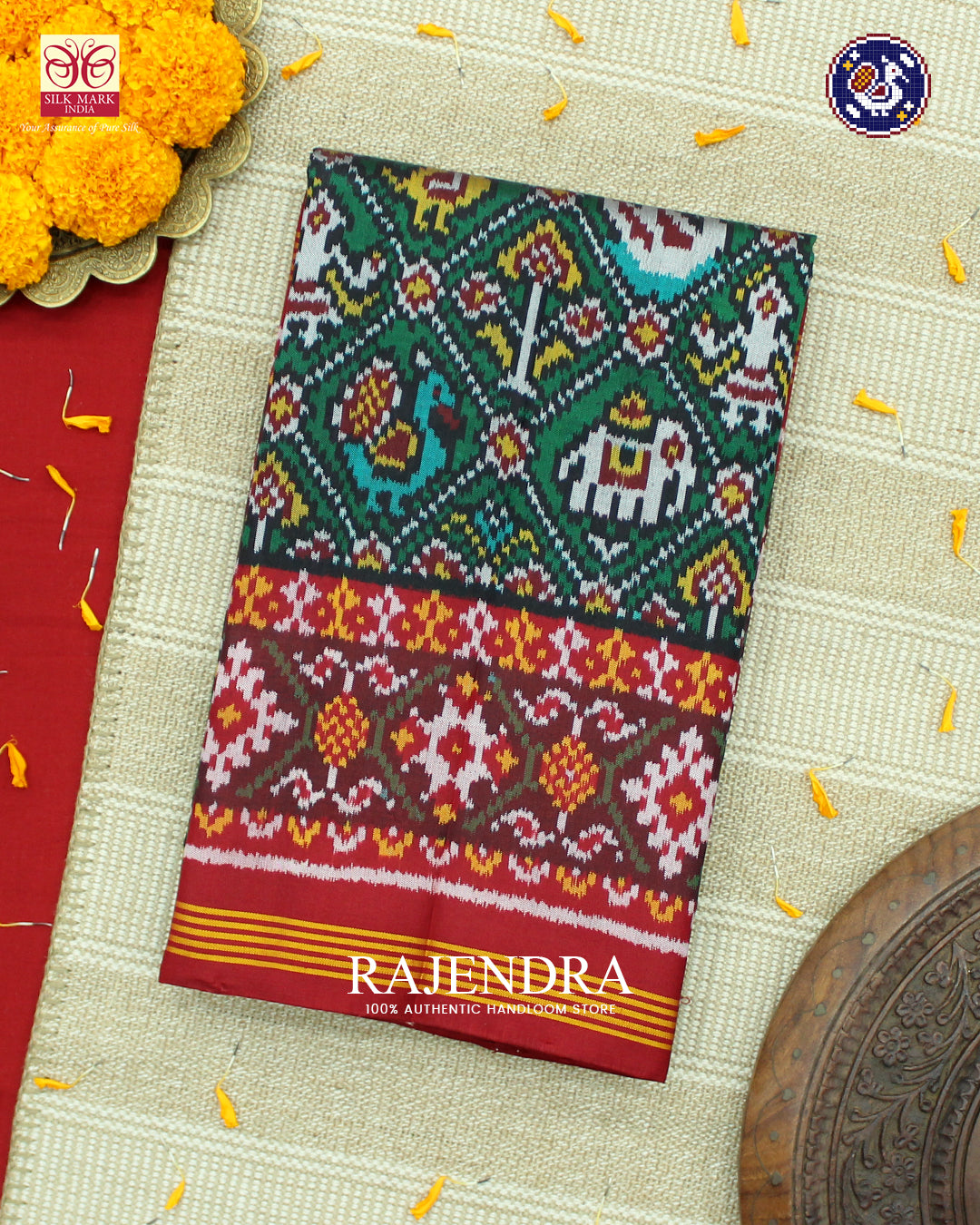 Traditional Hathi Popat Design Red and Green Ikat Rajkot Patola Saree