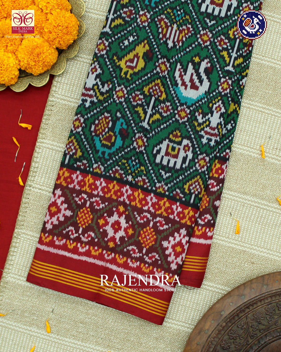 Traditional Hathi Popat Design Red and Green Ikat Rajkot Patola Saree
