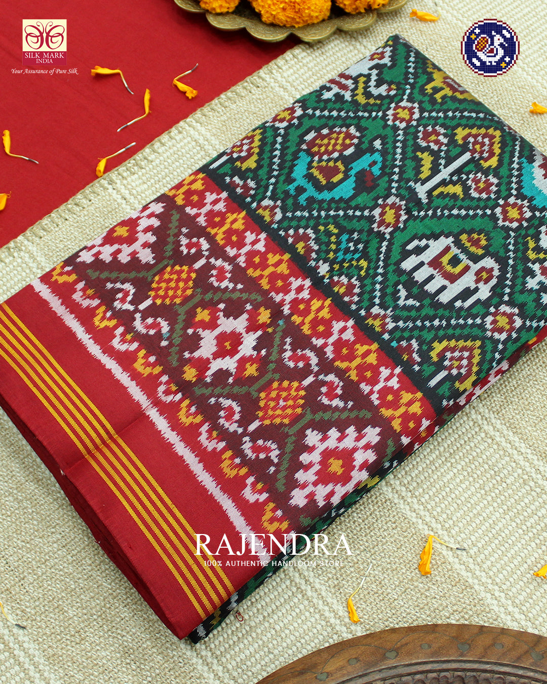 Traditional Hathi Popat Design Red and Green Ikat Rajkot Patola Saree