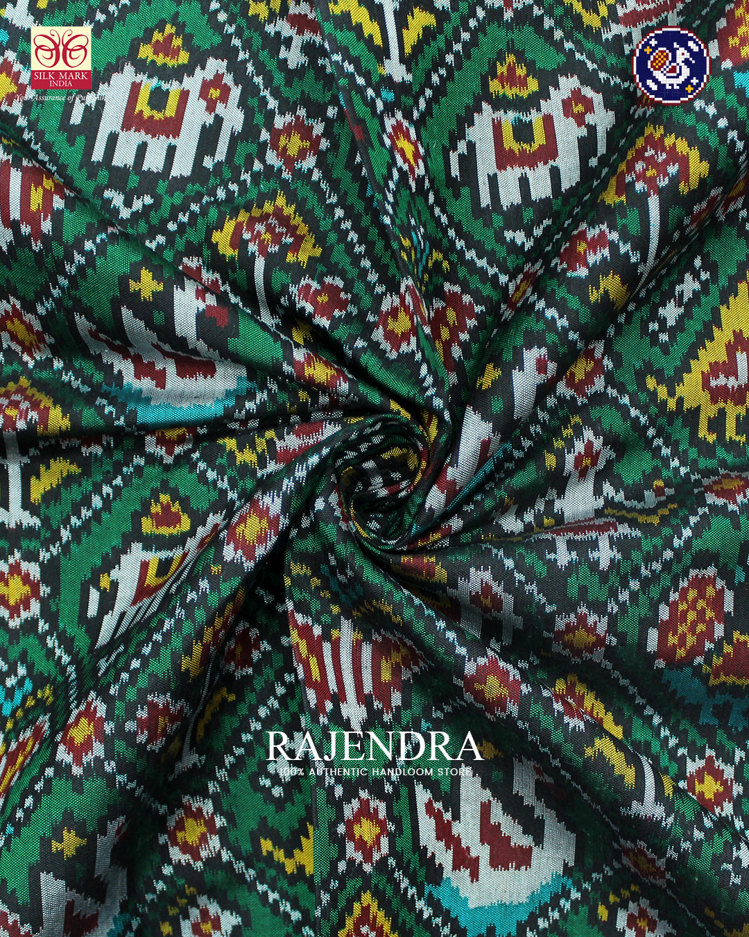 Traditional Hathi Popat Design Red and Green Ikat Rajkot Patola Saree