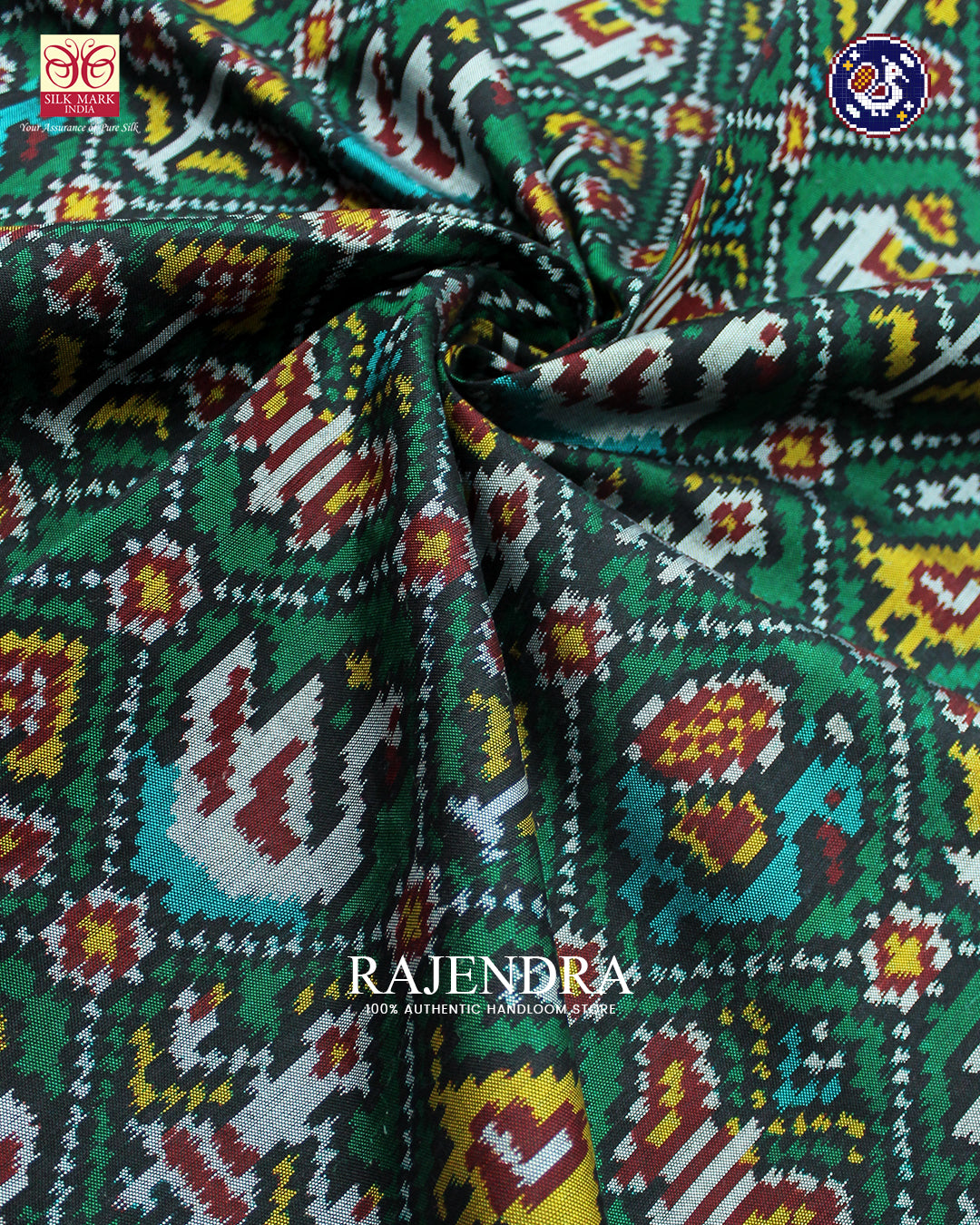 Traditional Hathi Popat Design Red and Green Ikat Rajkot Patola Saree
