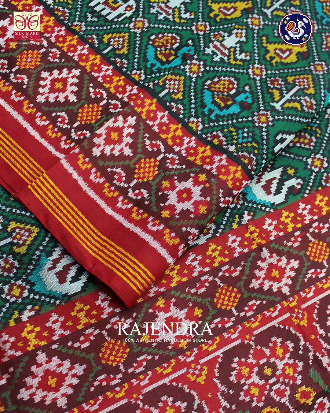 Traditional Hathi Popat Design Red and Green Ikat Rajkot Patola Saree