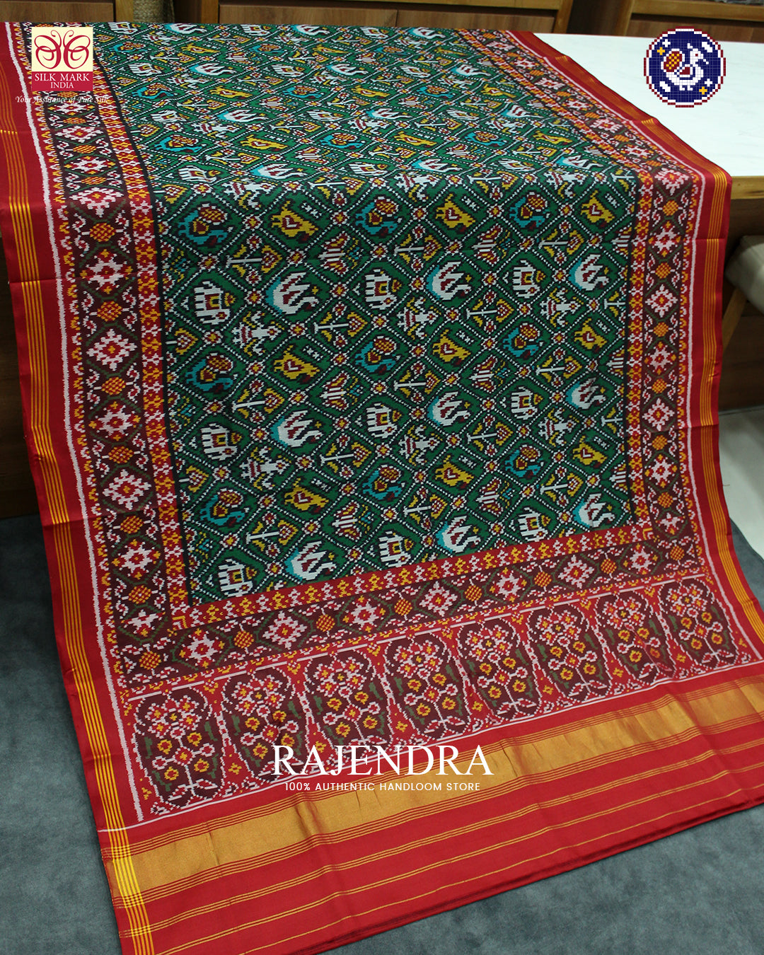 Traditional Hathi Popat Design Red and Green Ikat Rajkot Patola Saree