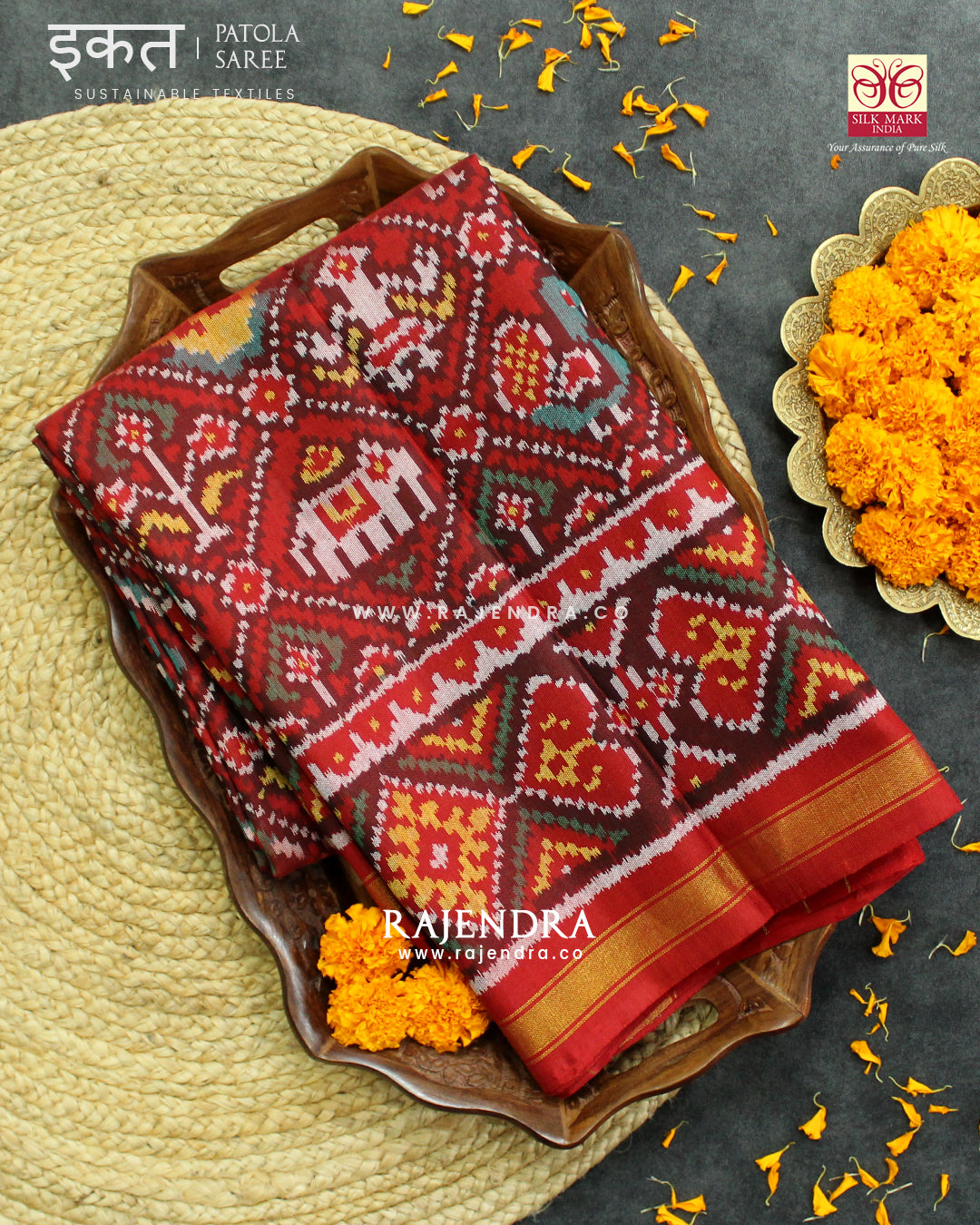 Traditional Hathi Popat Red Ikat Rajkot Patola Saree