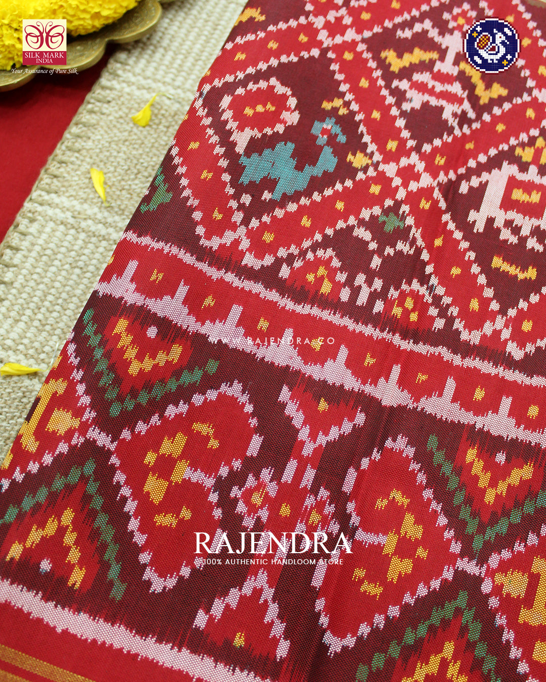 Traditional Hathi Popat Red Ikat Rajkot Patola Saree