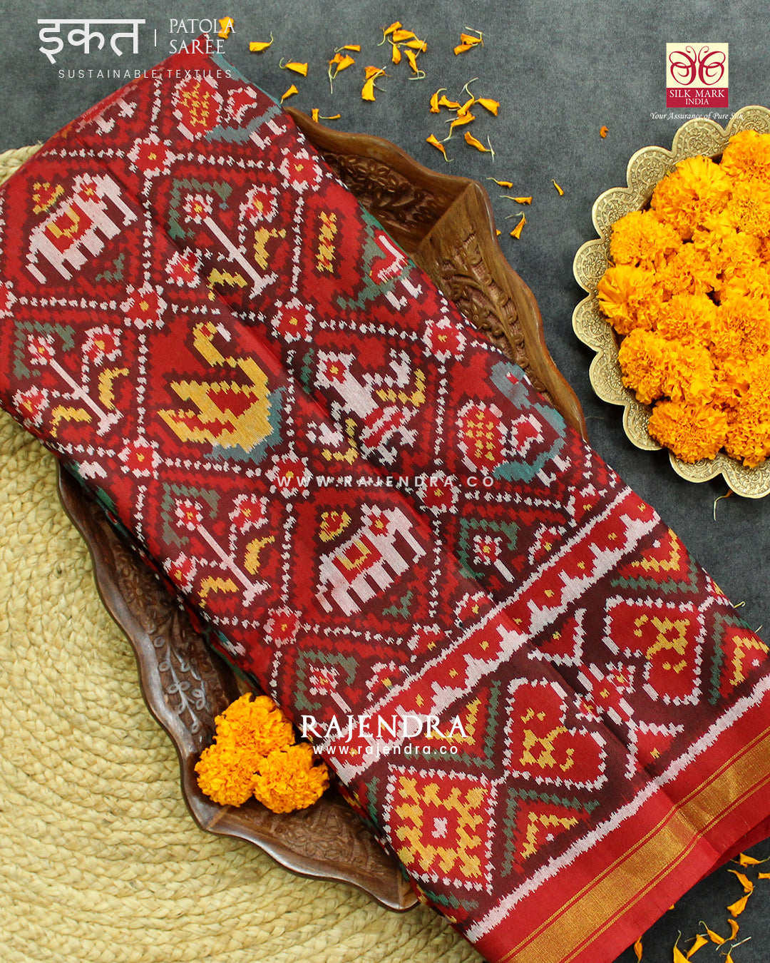 Traditional Hathi Popat Red Ikat Rajkot Patola Saree