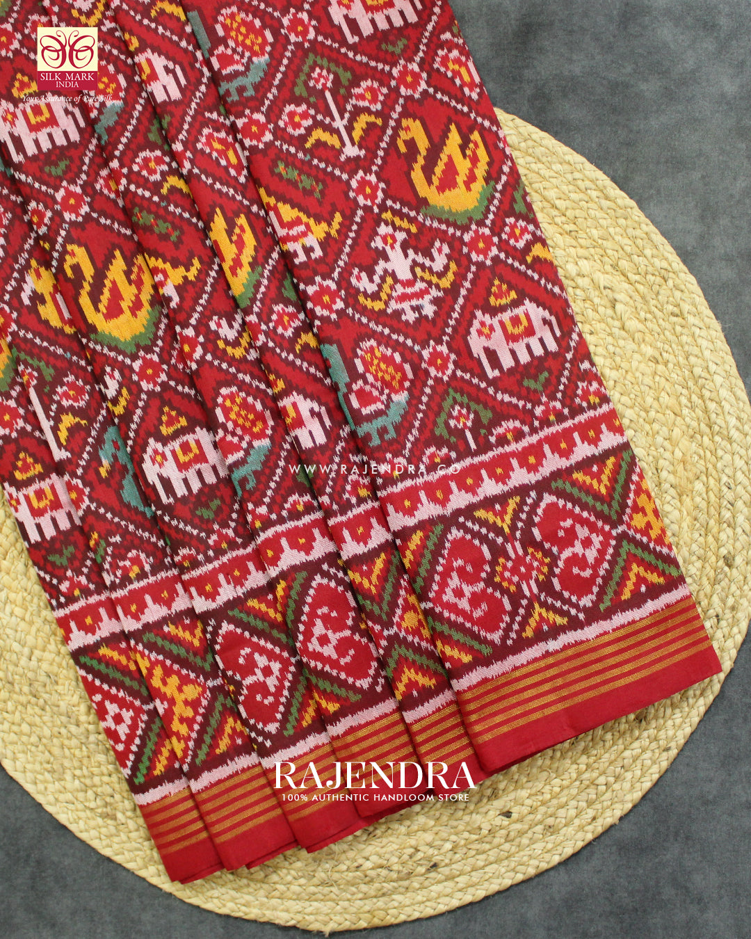 Traditional Hathi Popat Design Red Ikat Rajkot Patola Saree