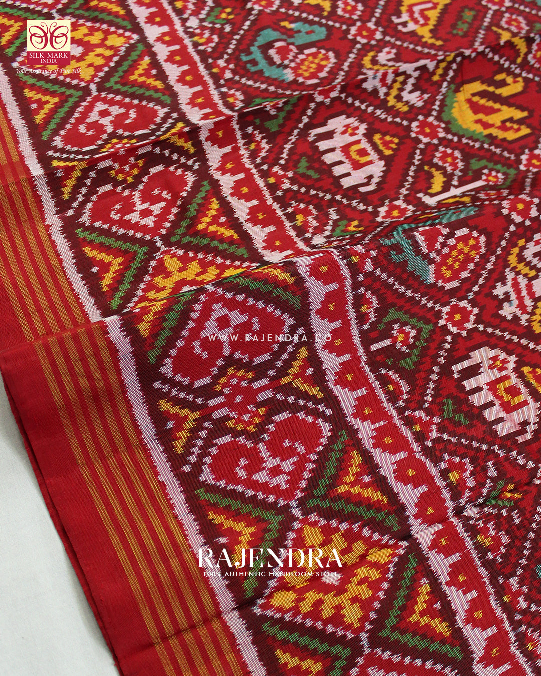 Traditional Hathi Popat Design Red Ikat Rajkot Patola Saree