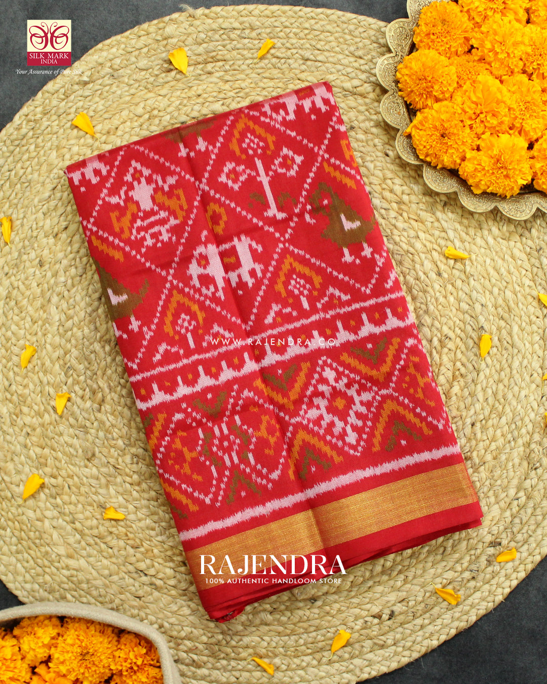Traditional Hathi Popat Red Single Ikat Rajkot Patola Saree