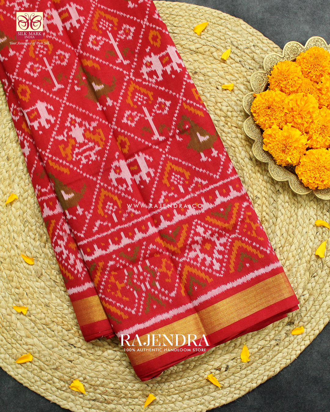 Traditional Hathi Popat Red Single Ikat Rajkot Patola Saree