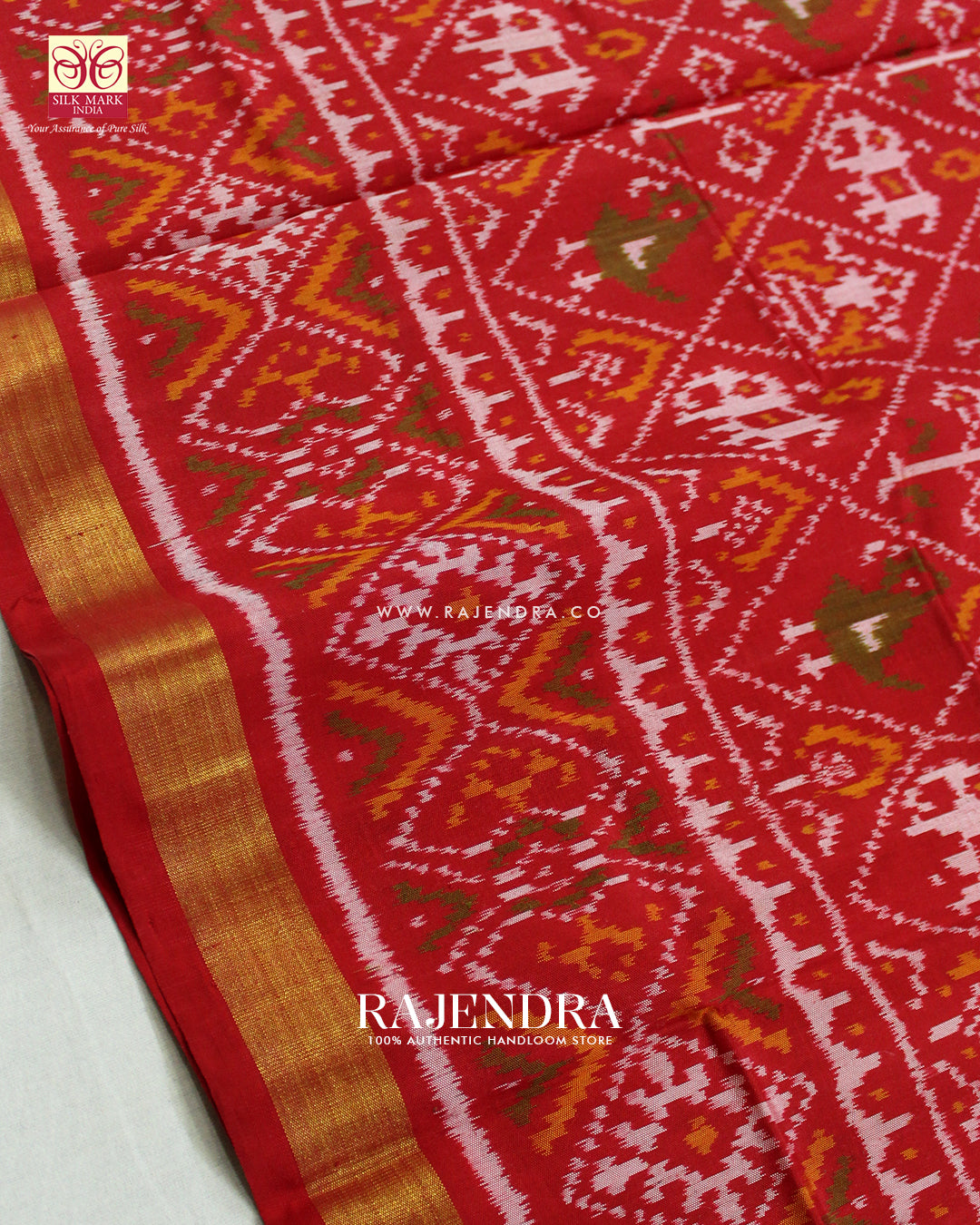 Traditional Hathi Popat Red Single Ikat Rajkot Patola Saree