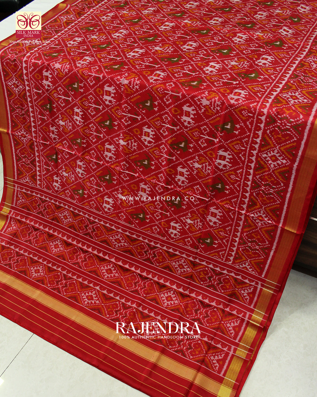 Traditional Hathi Popat Red Single Ikat Rajkot Patola Saree