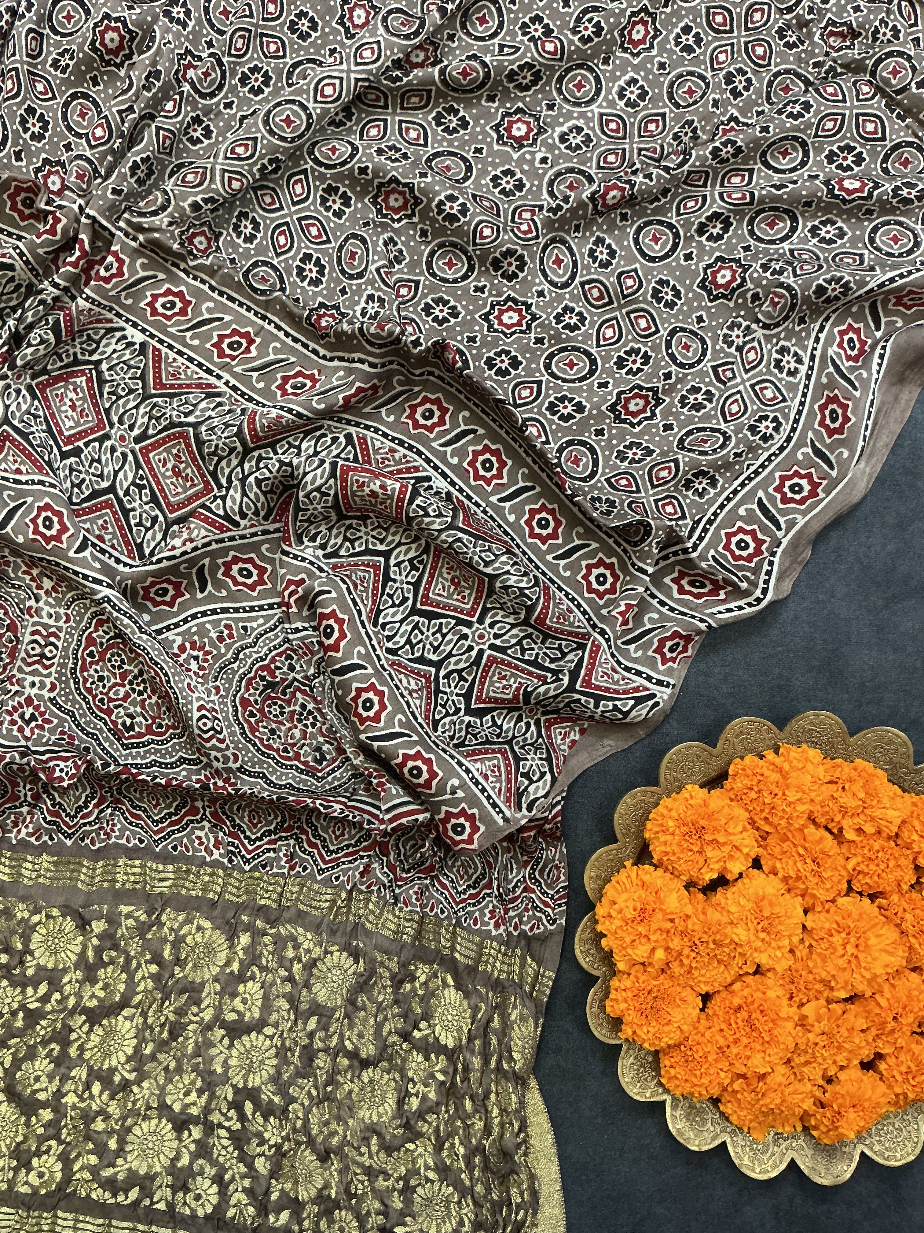 Traditional Ajrakh Grey Natural Dyed Modal Silk Dupatta