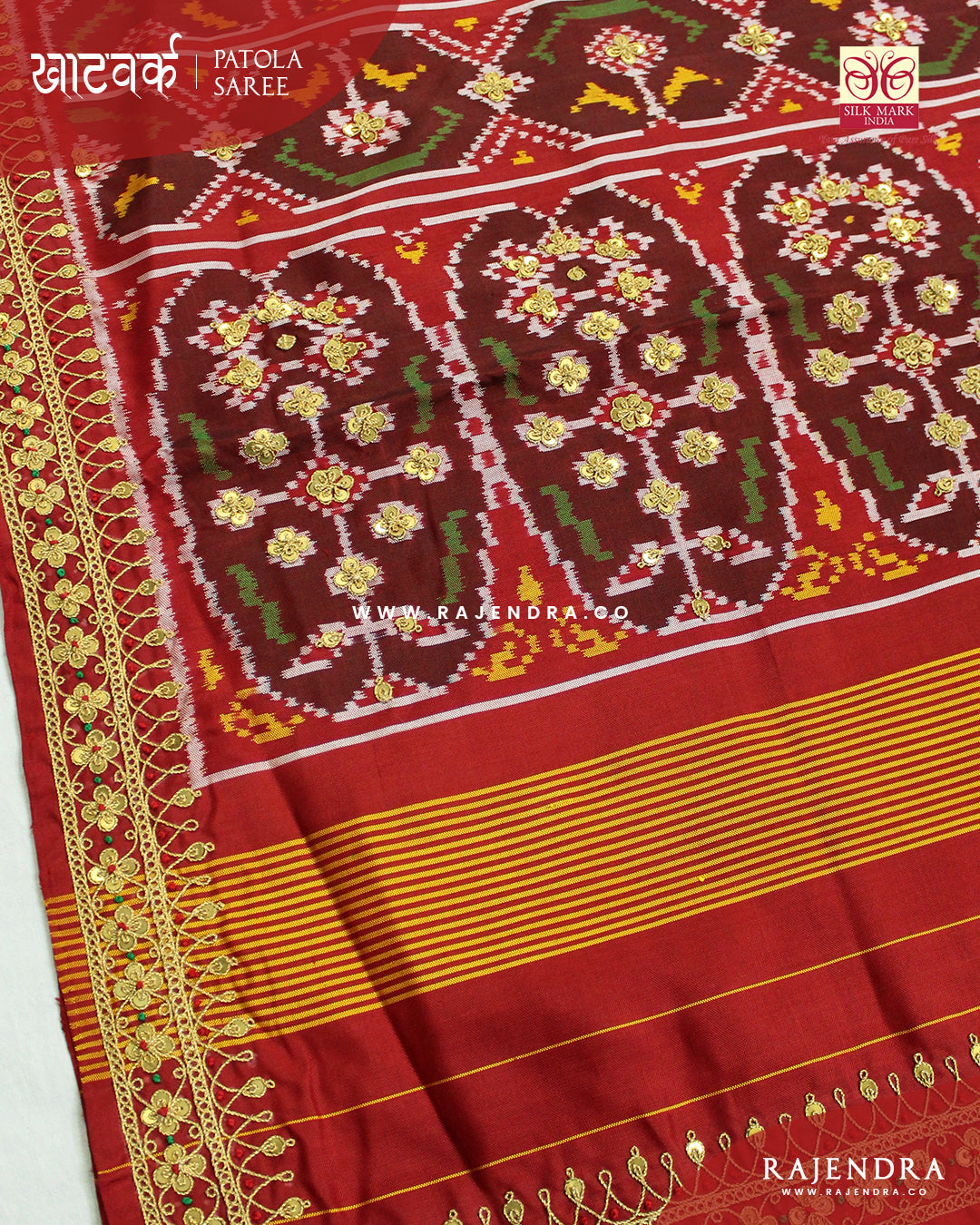 Exclusive Marodi Work Navratna Design Red Semi Double Ikat Rajkot Patola Saree