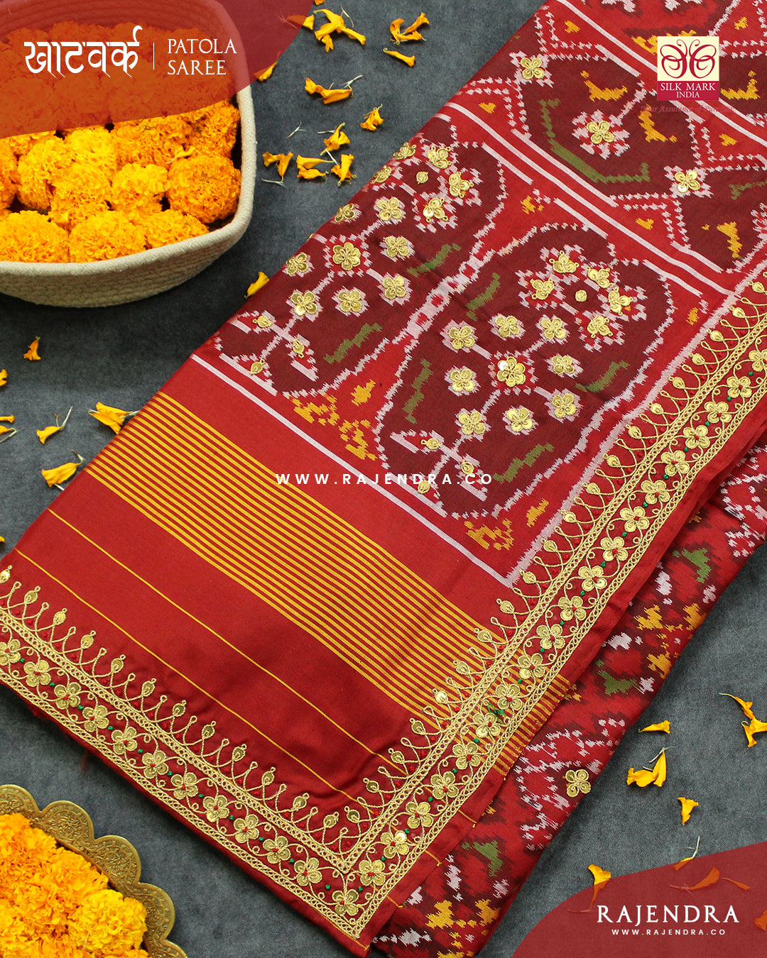 Exclusive Marodi Work Navratna Design Red Semi Double Ikat Rajkot Patola Saree
