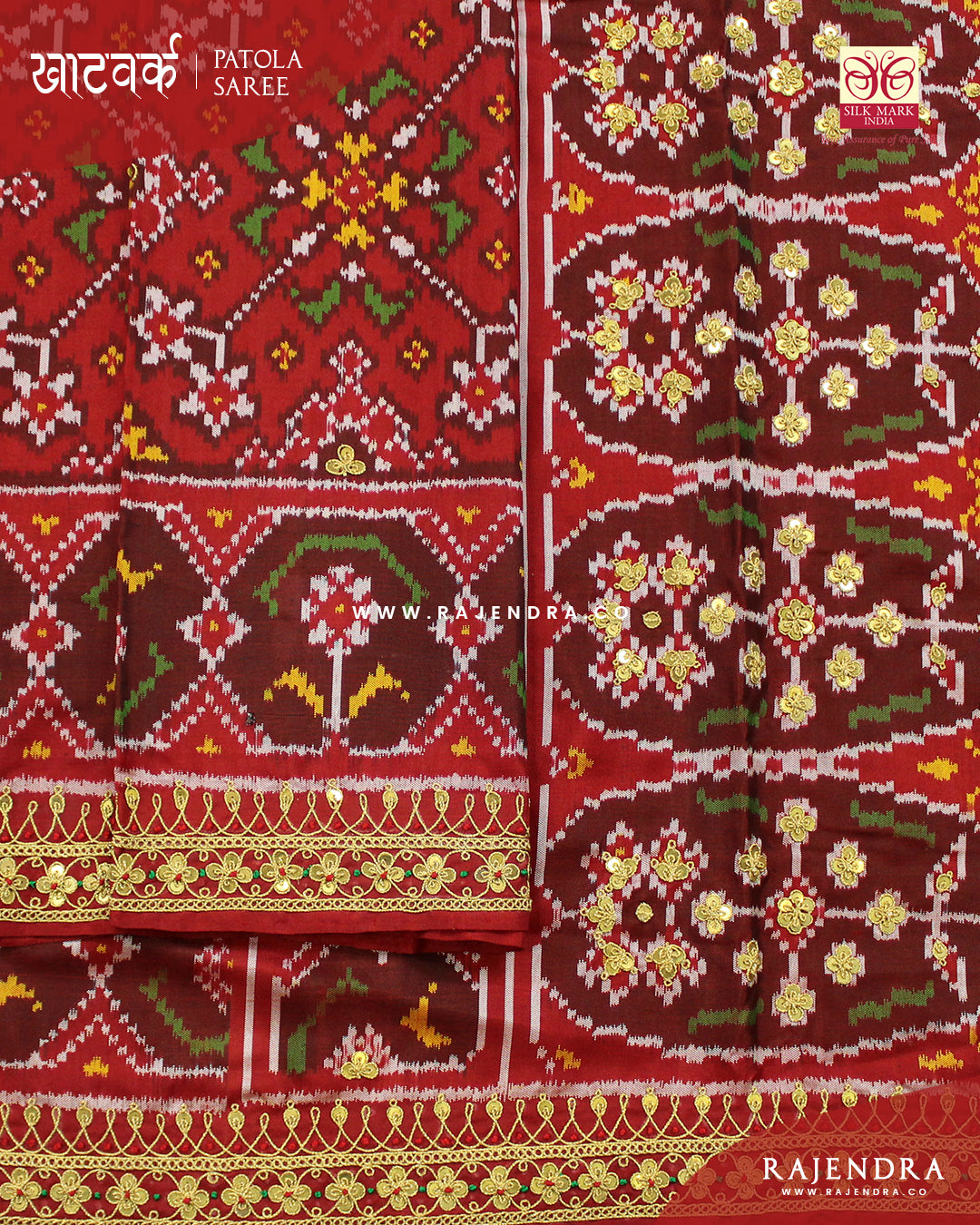 Exclusive Marodi Work Navratna Design Red Semi Double Ikat Rajkot Patola Saree