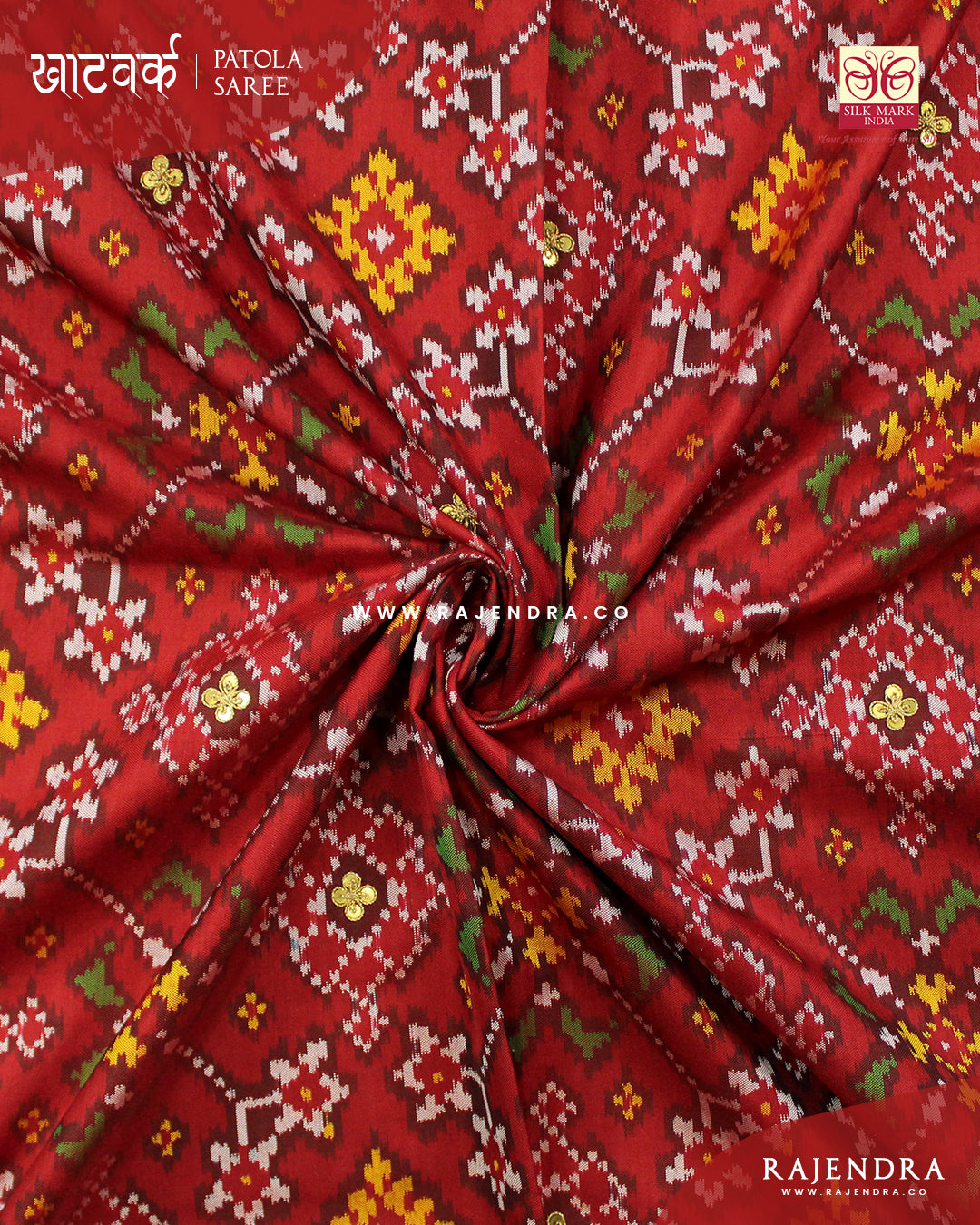 Exclusive Marodi Work Navratna Design Red Semi Double Ikat Rajkot Patola Saree