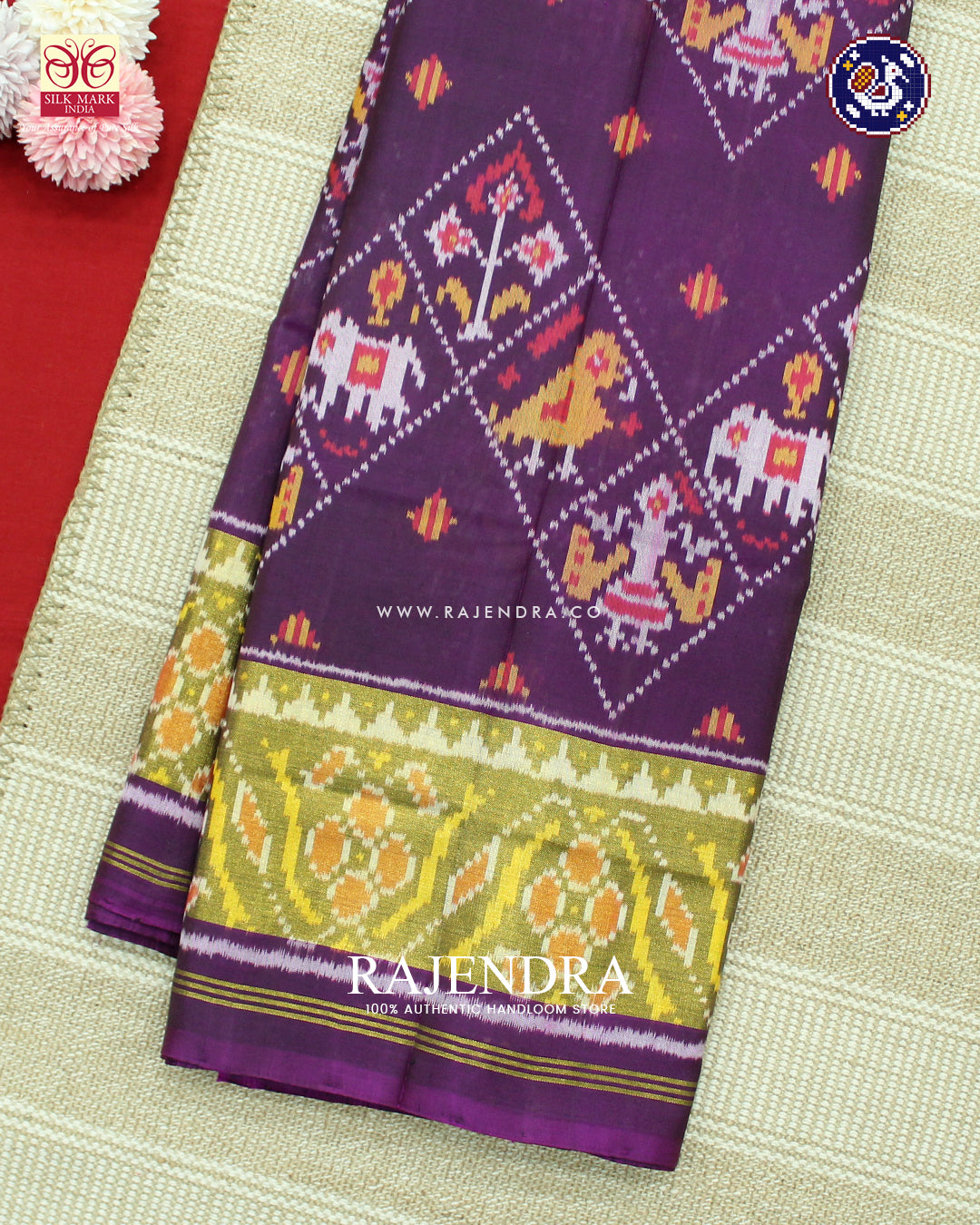 Traditional Laheriya Hathi Popat Design Magenta Rajkot Patola Saree