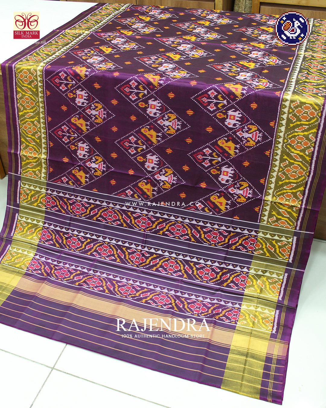 Traditional Laheriya Hathi Popat Design Magenta Rajkot Patola Saree
