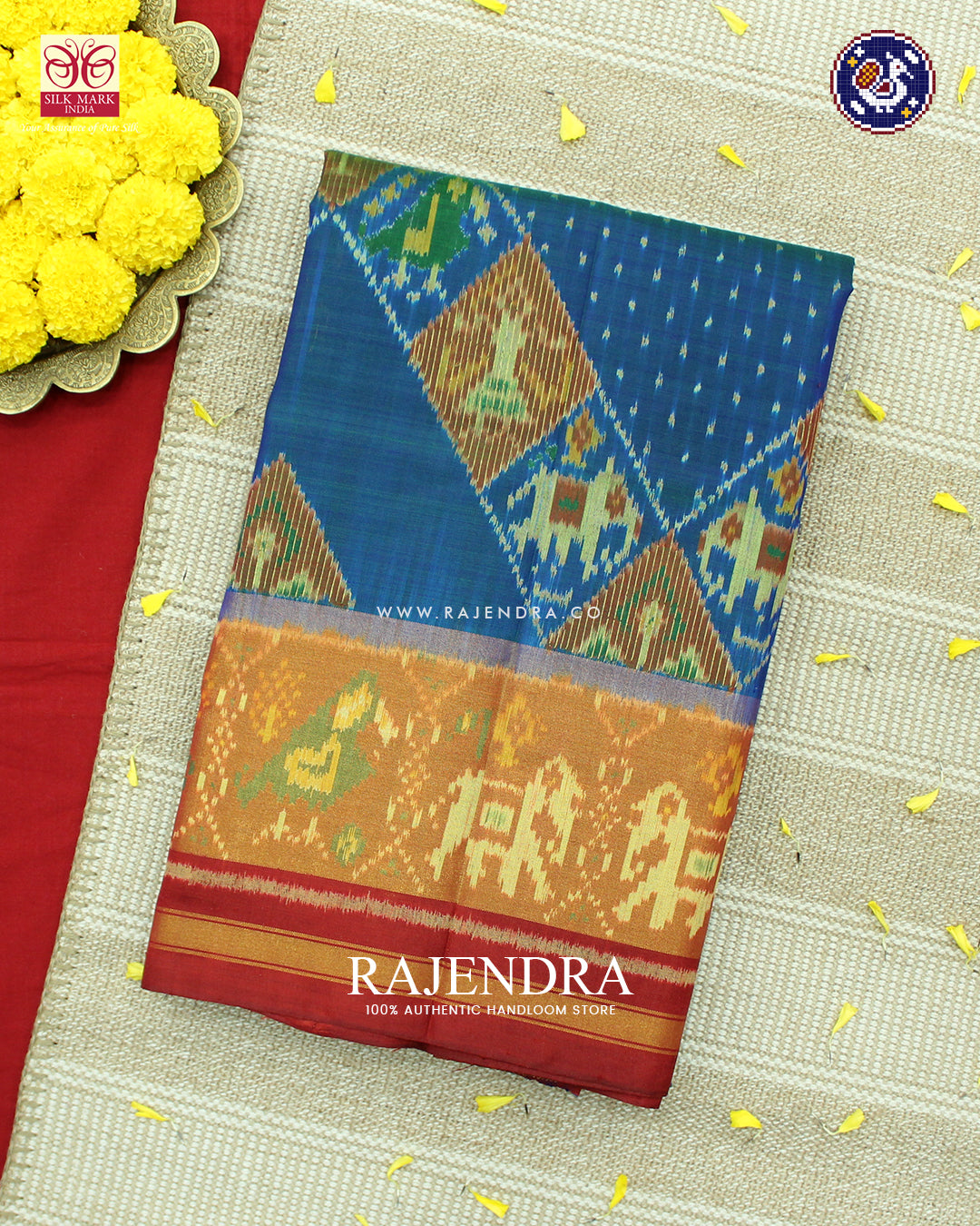 Traditional Hathi Popat Laheriya Design Red and Blue Rajkot Patola Saree
