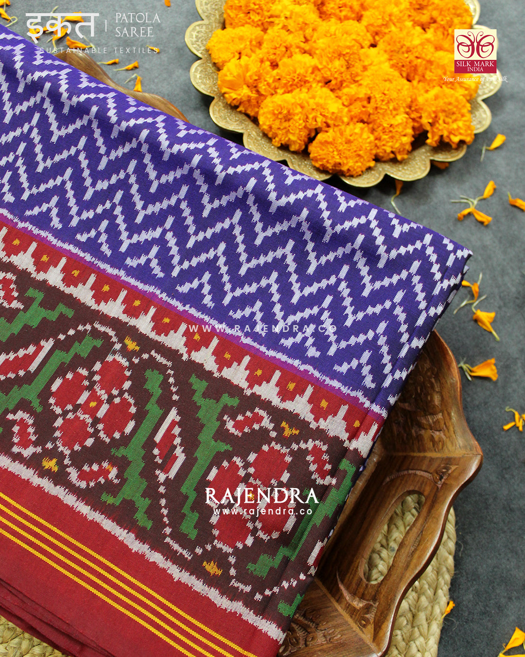 Exclusive Laheriya Design Maroon Blue Semi Double Ikat Rajkot Patola Saree