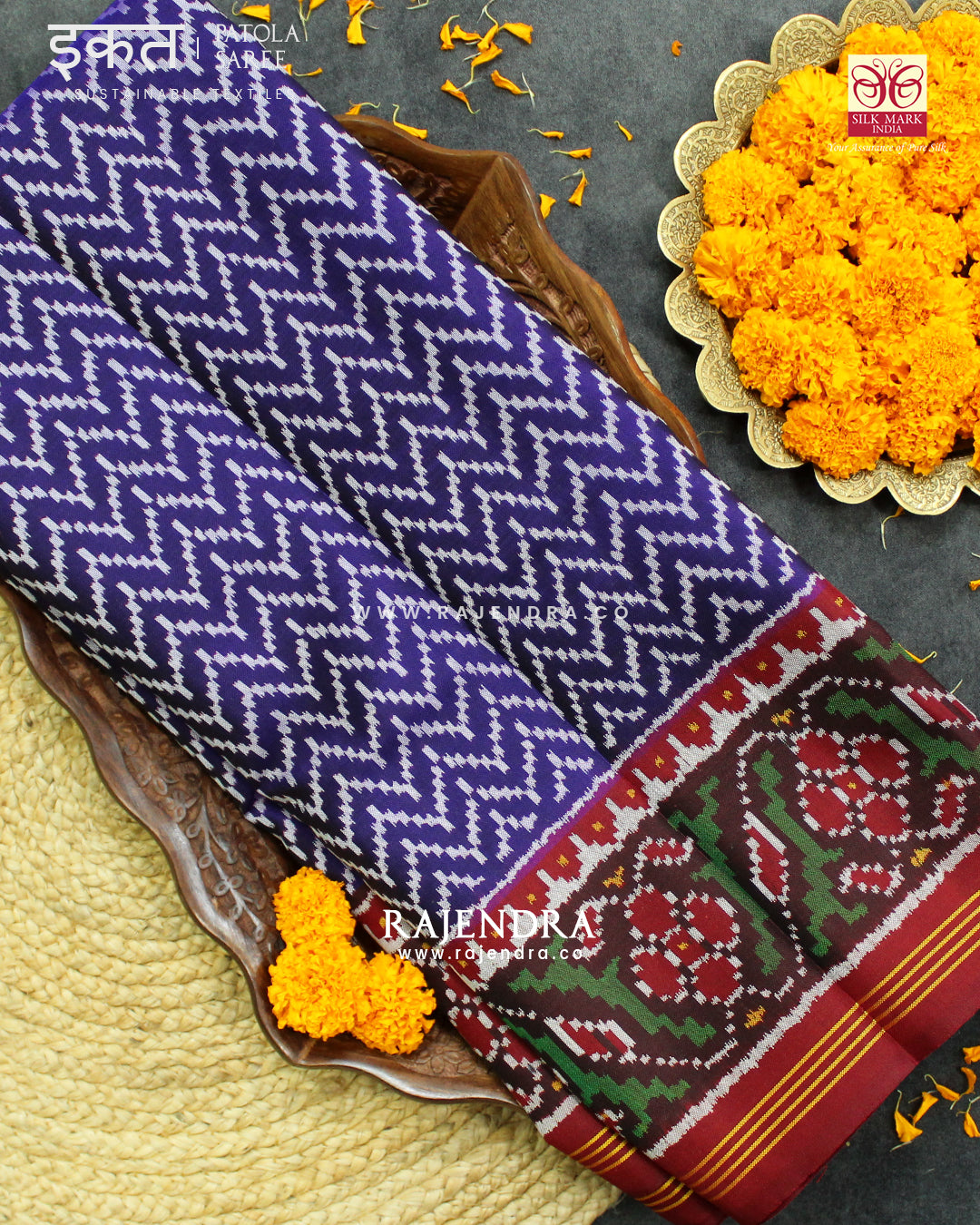 Exclusive Laheriya Design Maroon Blue Semi Double Ikat Rajkot Patola Saree