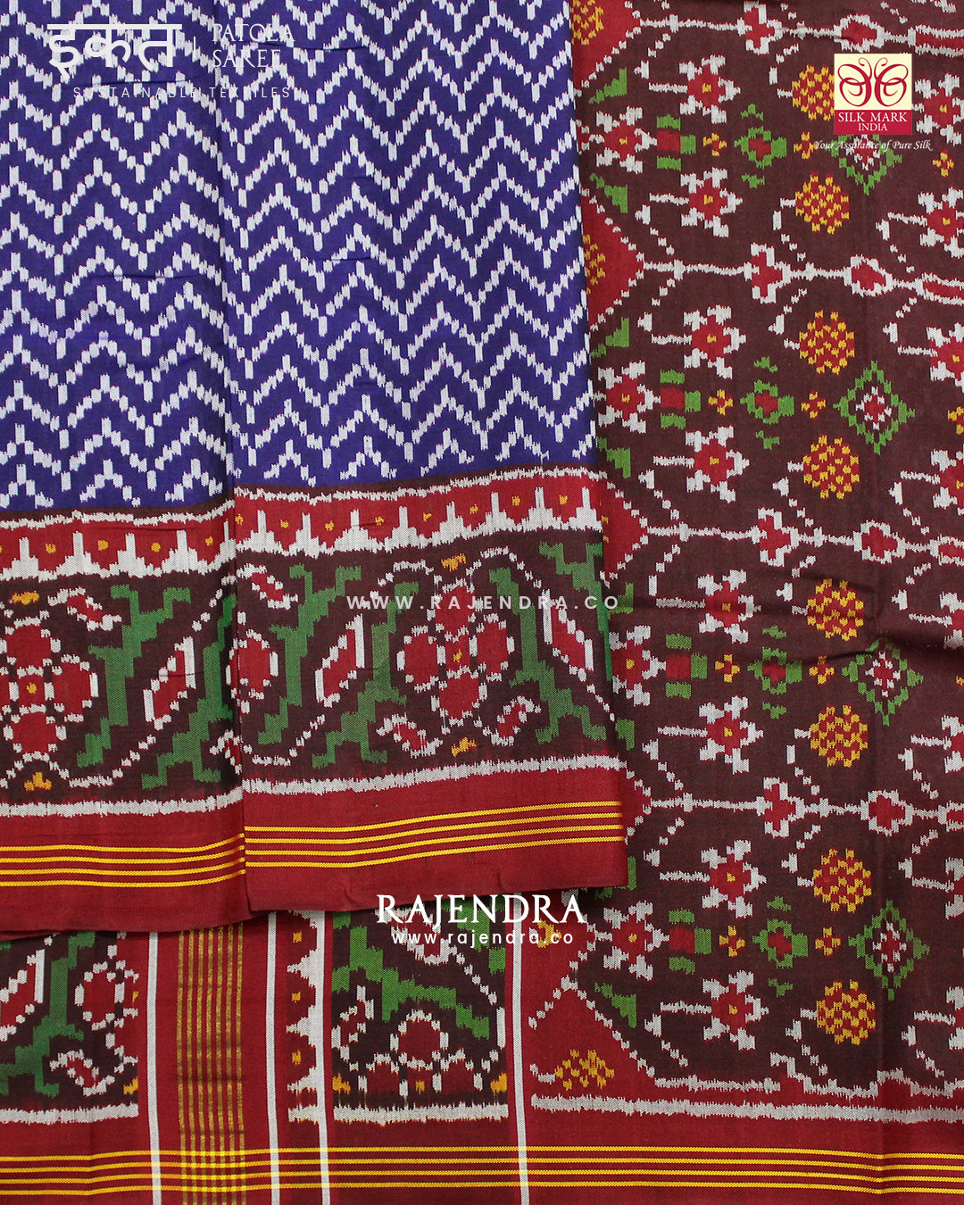 Exclusive Laheriya Design Maroon Blue Semi Double Ikat Rajkot Patola Saree
