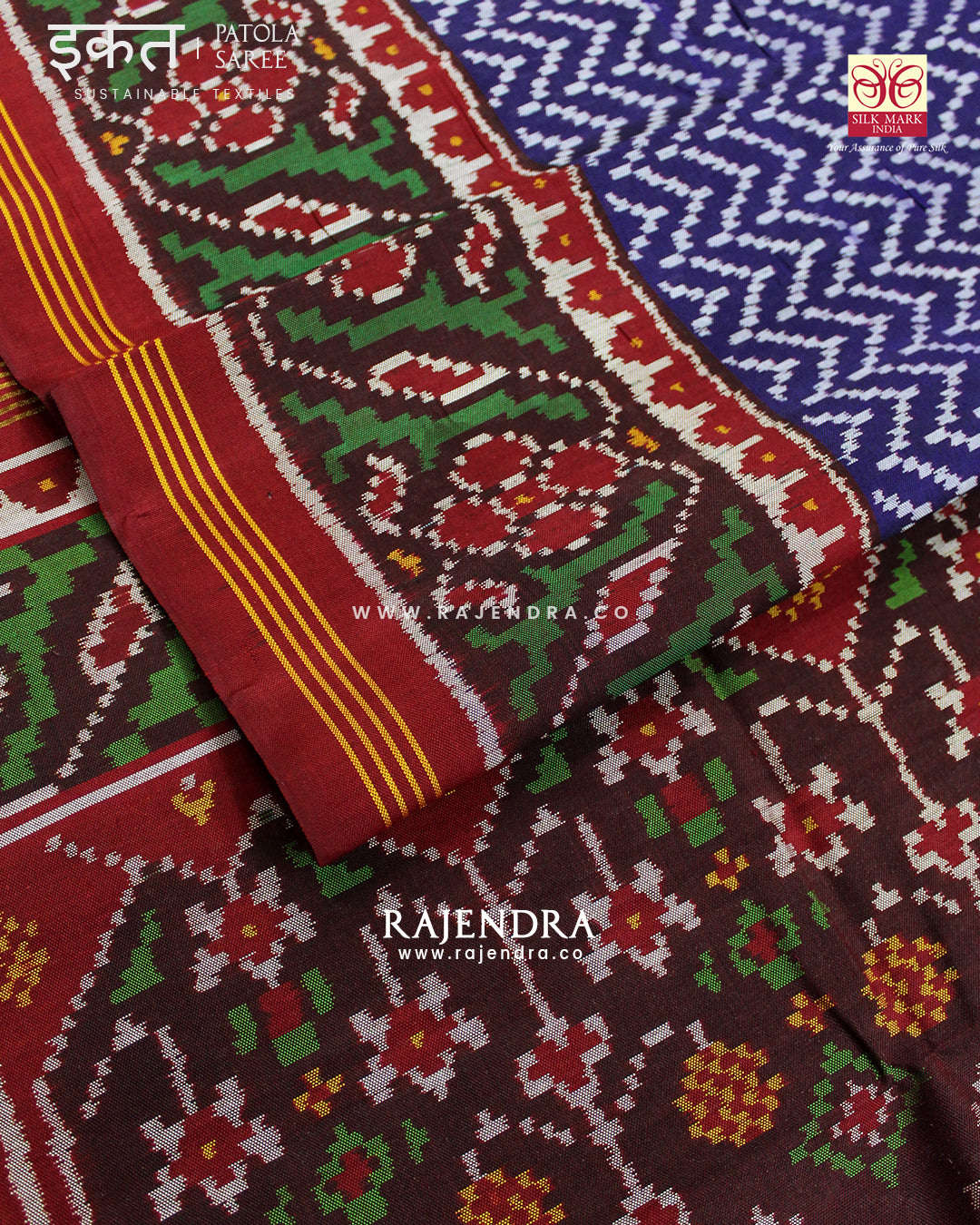 Exclusive Laheriya Design Maroon Blue Semi Double Ikat Rajkot Patola Saree