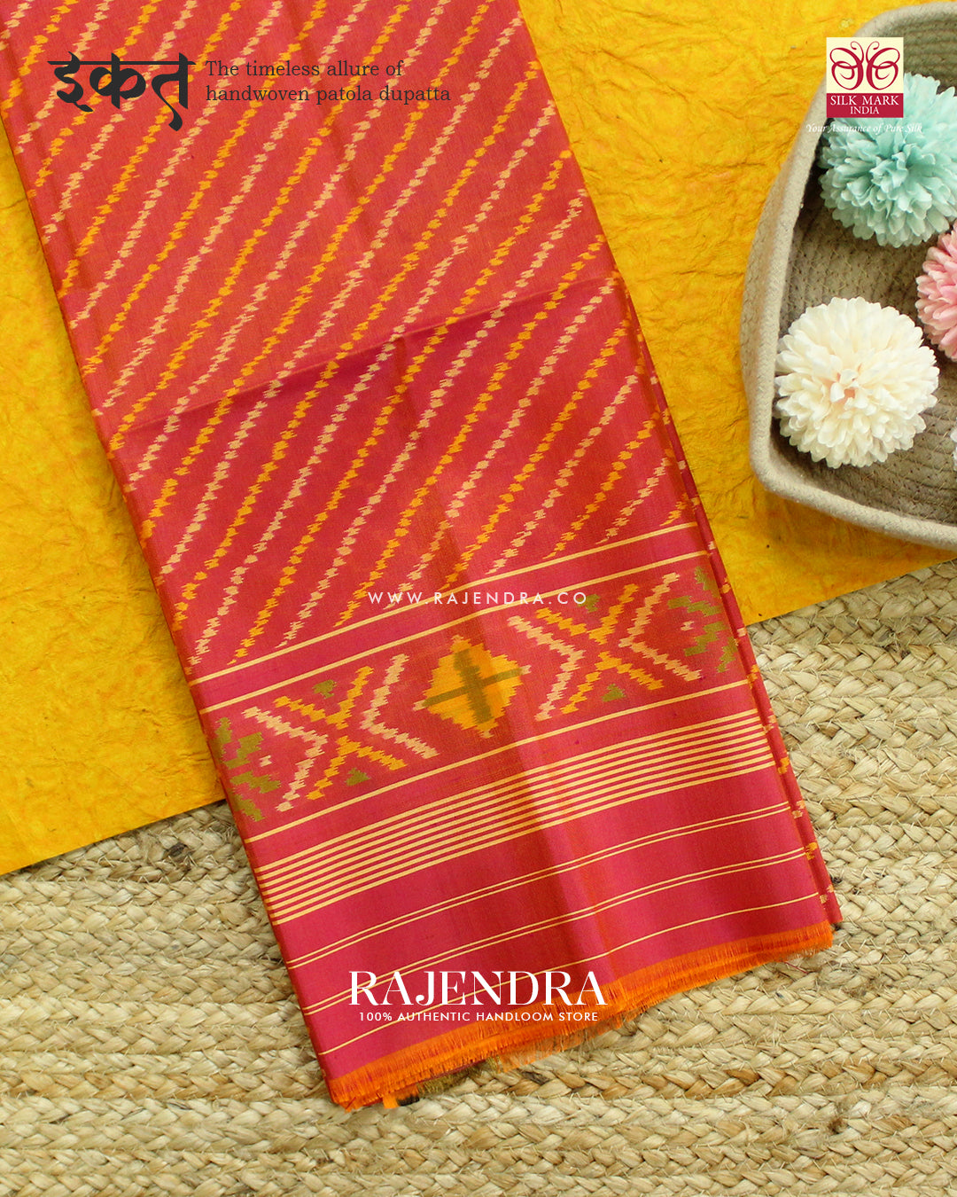 Exclusive Laheriya Peach Single Ikat Rajkot Patola Dupatta