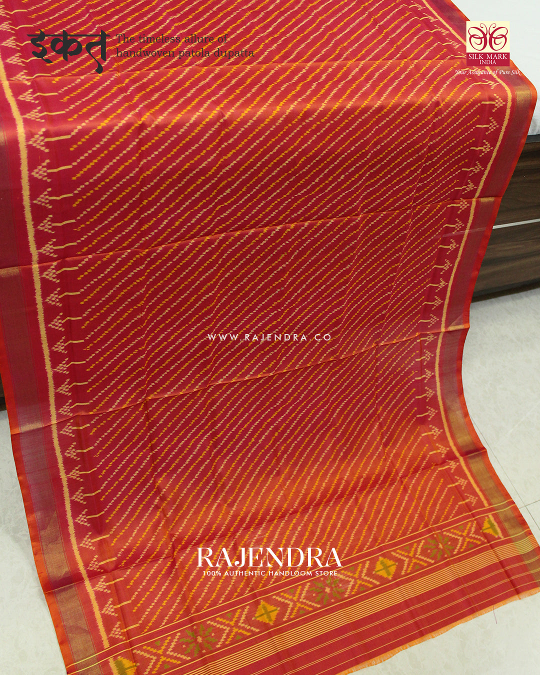 Exclusive Laheriya Peach Single Ikat Rajkot Patola Dupatta