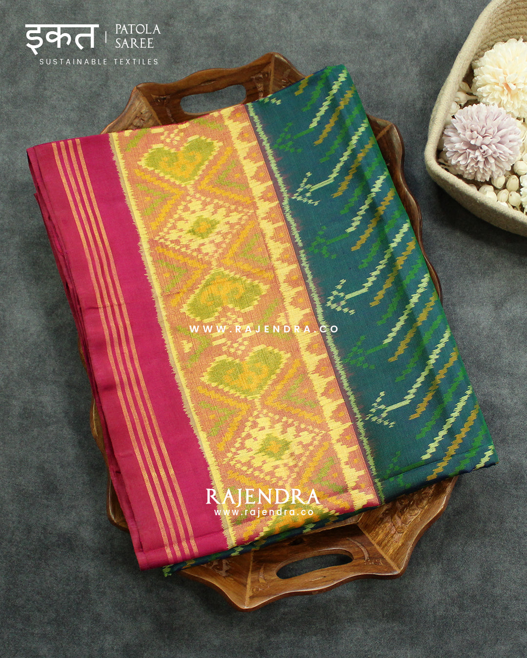 Exclusive Laheriya Bhat Pink and Rama Green Single Ikat Rajkot Patola Saree