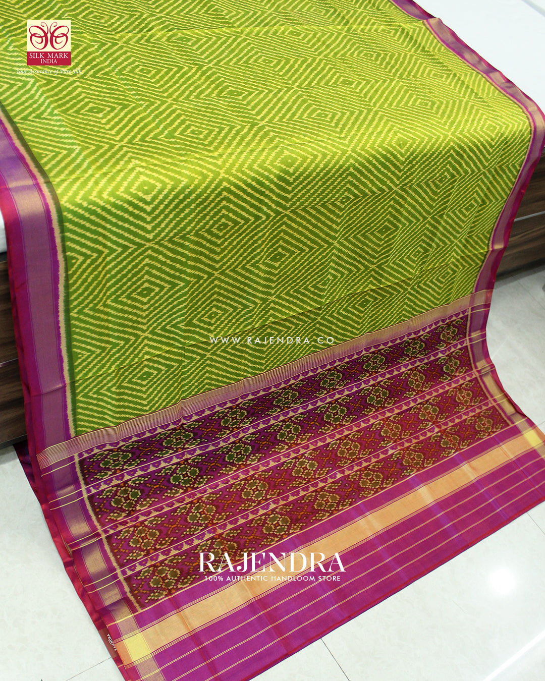 Exclusive Laheriya Design Green and Purple Single Ikat Rajkot Patola Saree