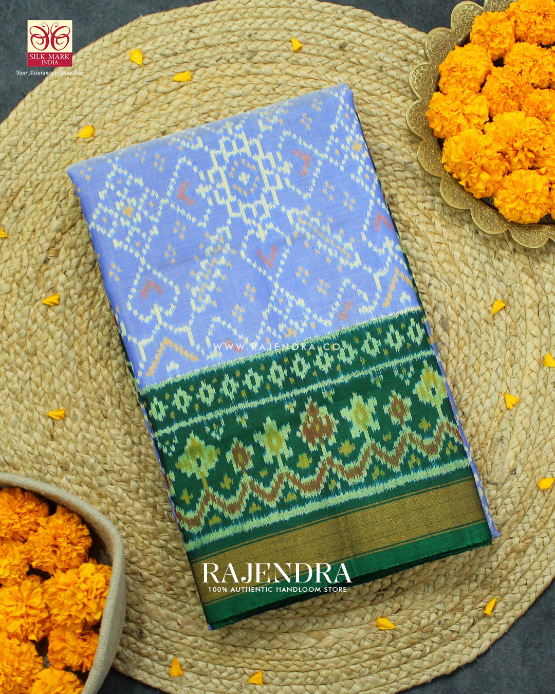 Traditional Manekchowk Design Light Blue and Green Single Ikat Rajkot Patola Saree