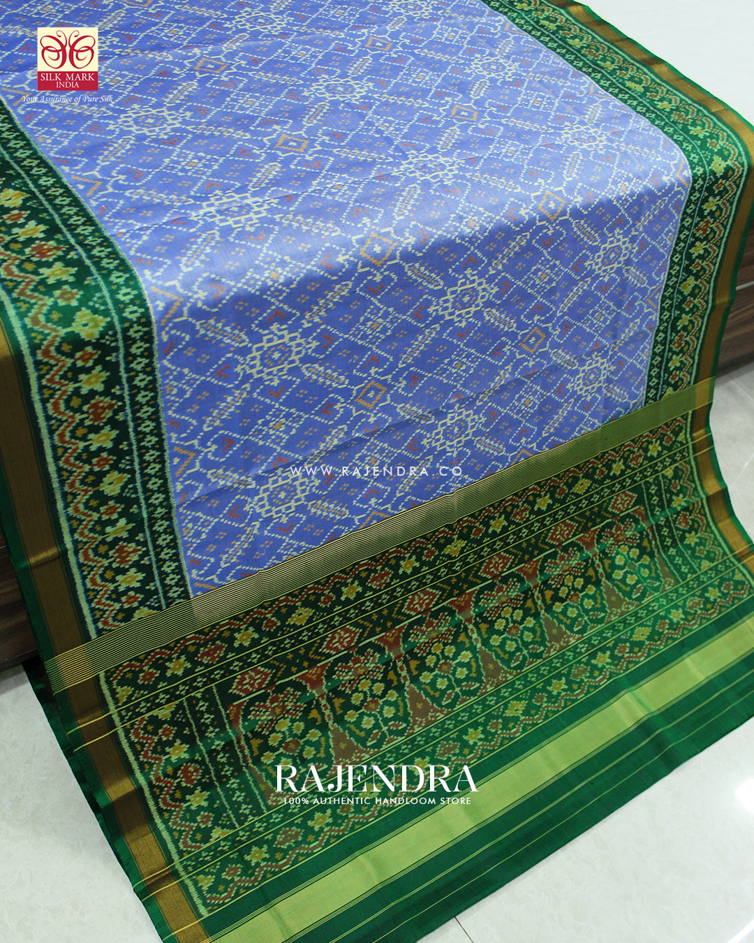 Traditional Manekchowk Design Light Blue and Green Single Ikat Rajkot Patola Saree