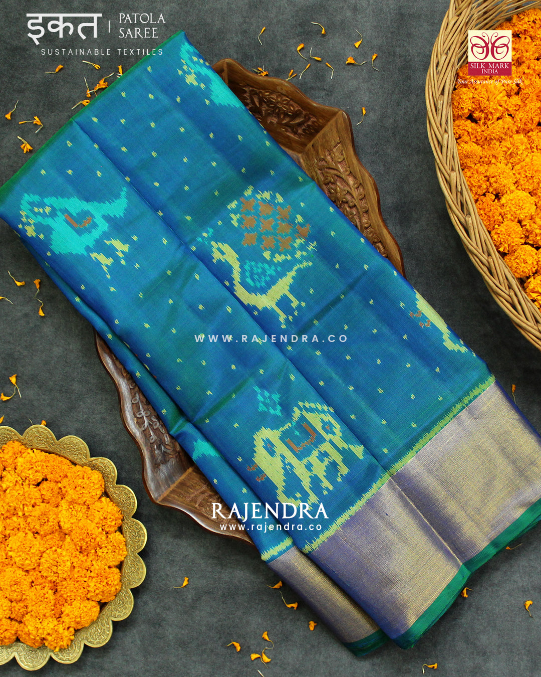 Exclusive Hathi Popat Design Light Blue Single Ikat Rajkot Patola Saree