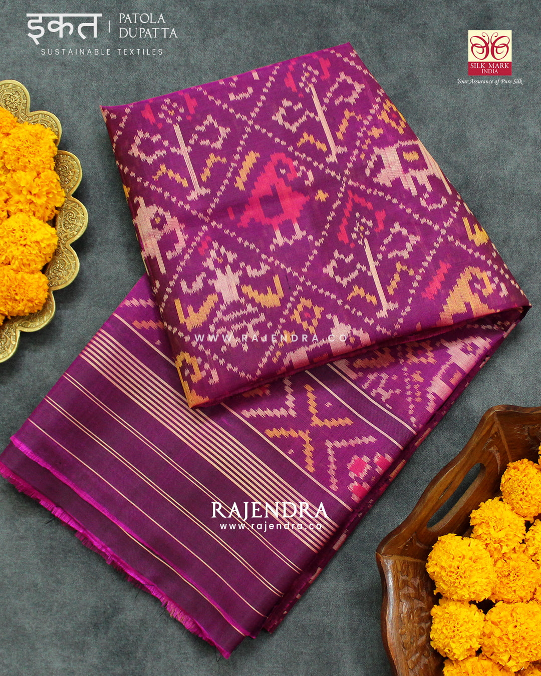 Traditional Hathi Popat Design Magenta Single Ikat Rajkot Patola Dupatta