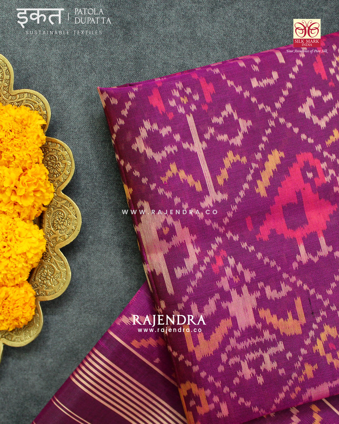 Traditional Hathi Popat Design Magenta Single Ikat Rajkot Patola Dupatta