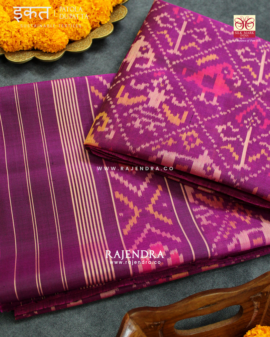 Traditional Hathi Popat Design Magenta Single Ikat Rajkot Patola Dupatta