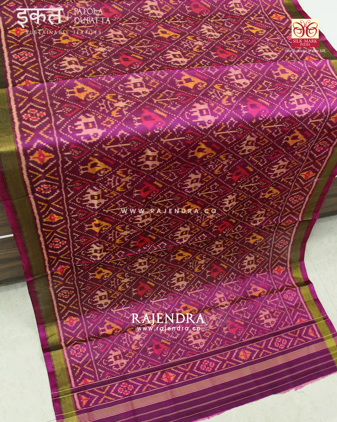 Traditional Hathi Popat Design Magenta Single Ikat Rajkot Patola Dupatta