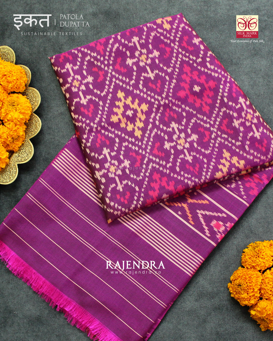 Traditional Panchanda Bhat Magenta Single Ikat Rajkot Patola Dupatta