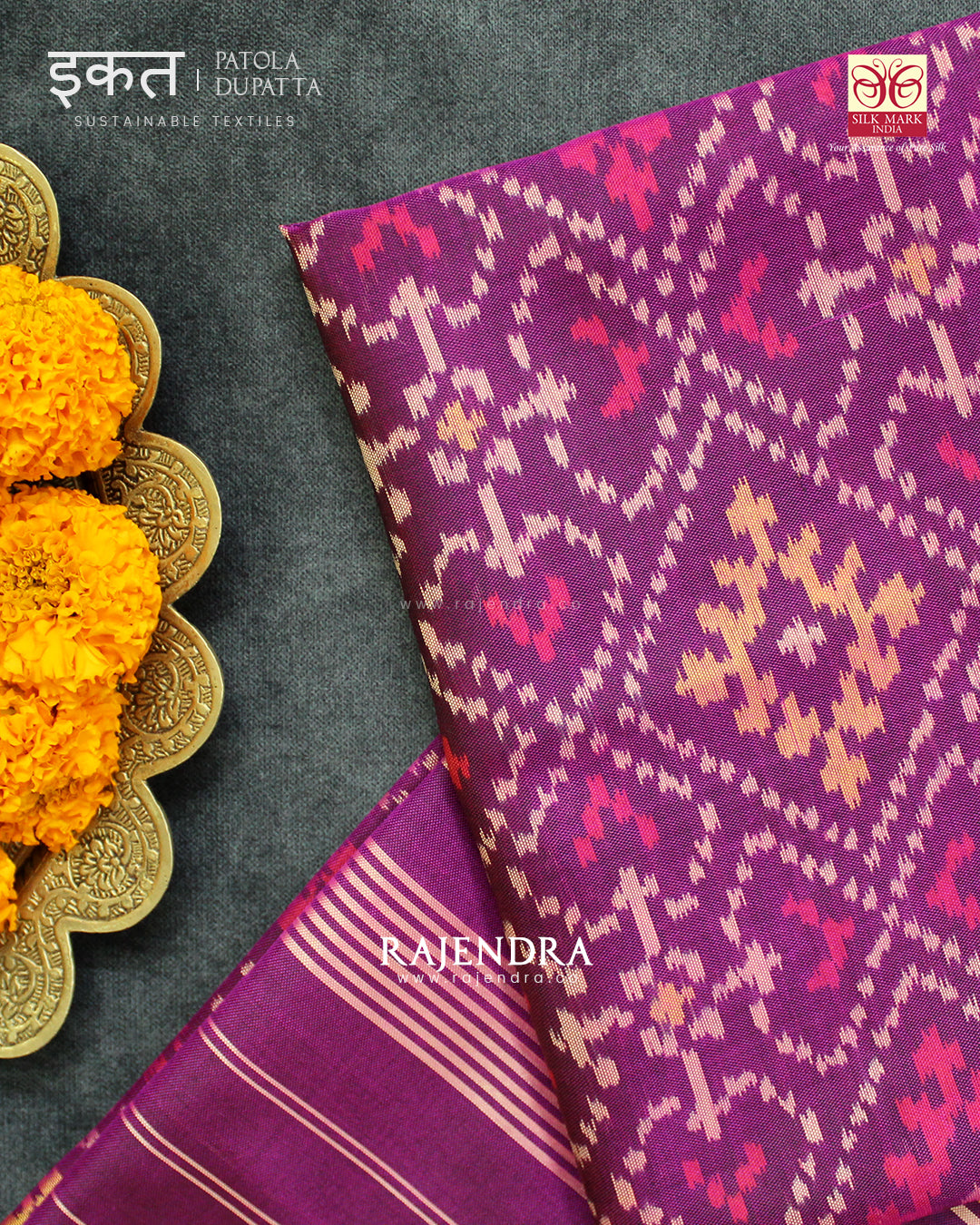 Traditional Panchanda Bhat Magenta Single Ikat Rajkot Patola Dupatta
