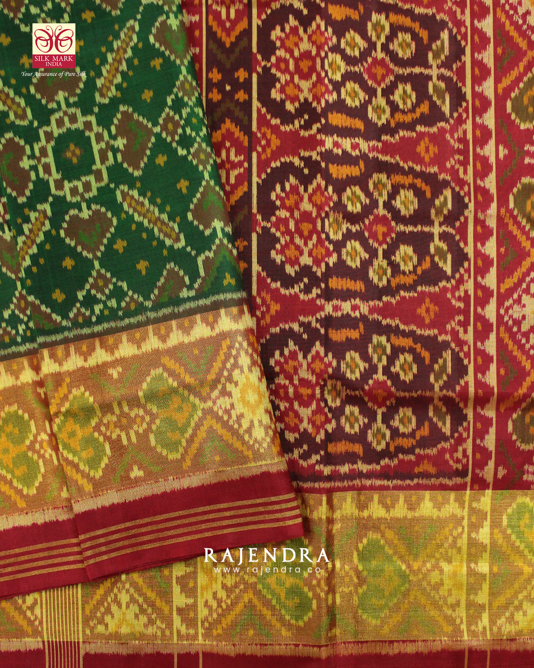 Traditional Manekchowk Bhat Red and Green Single Ikat Rajkot Patola Saree