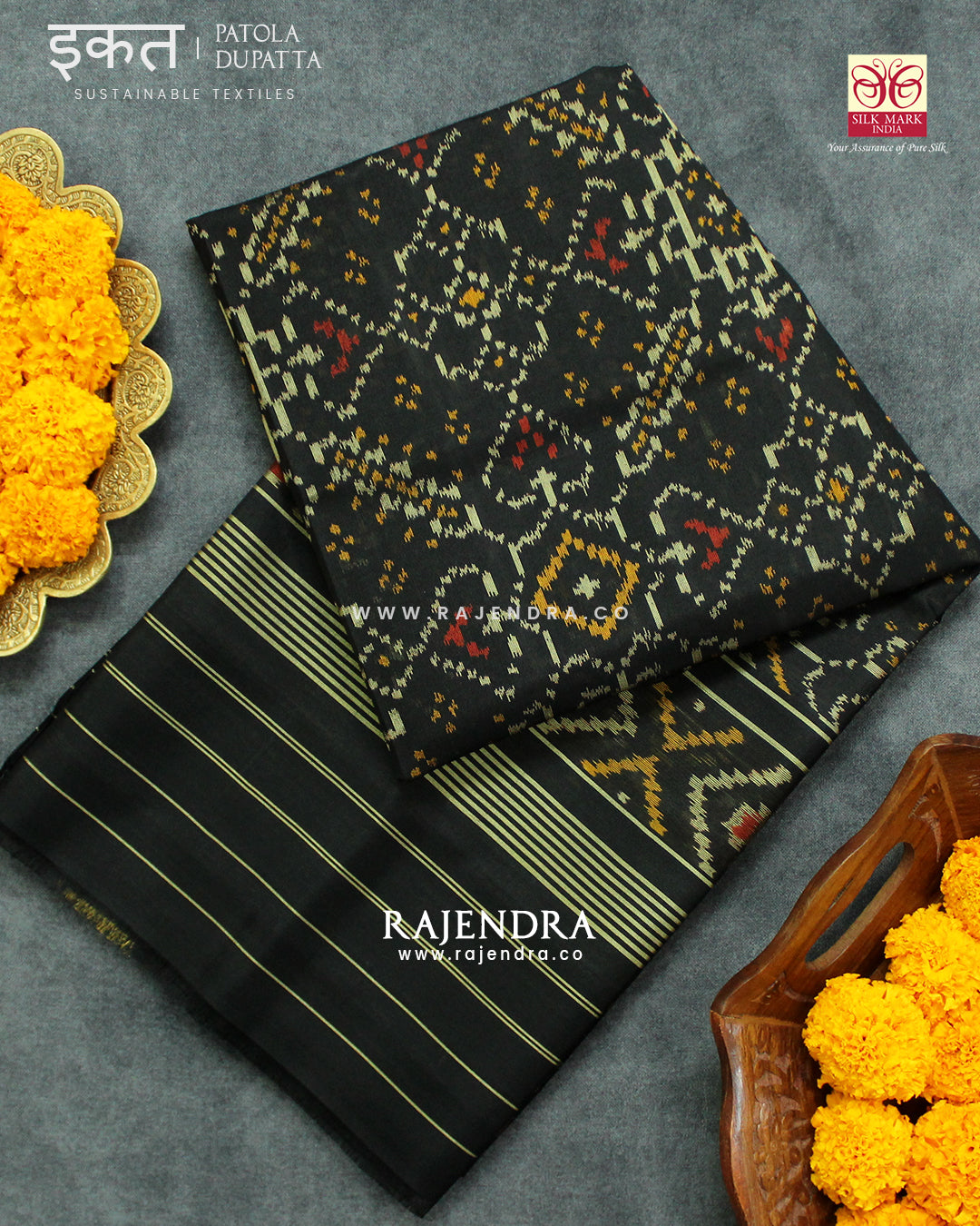 Traditional Manekchowk Design Black Single Ikat Rajkot Patola Dupatta